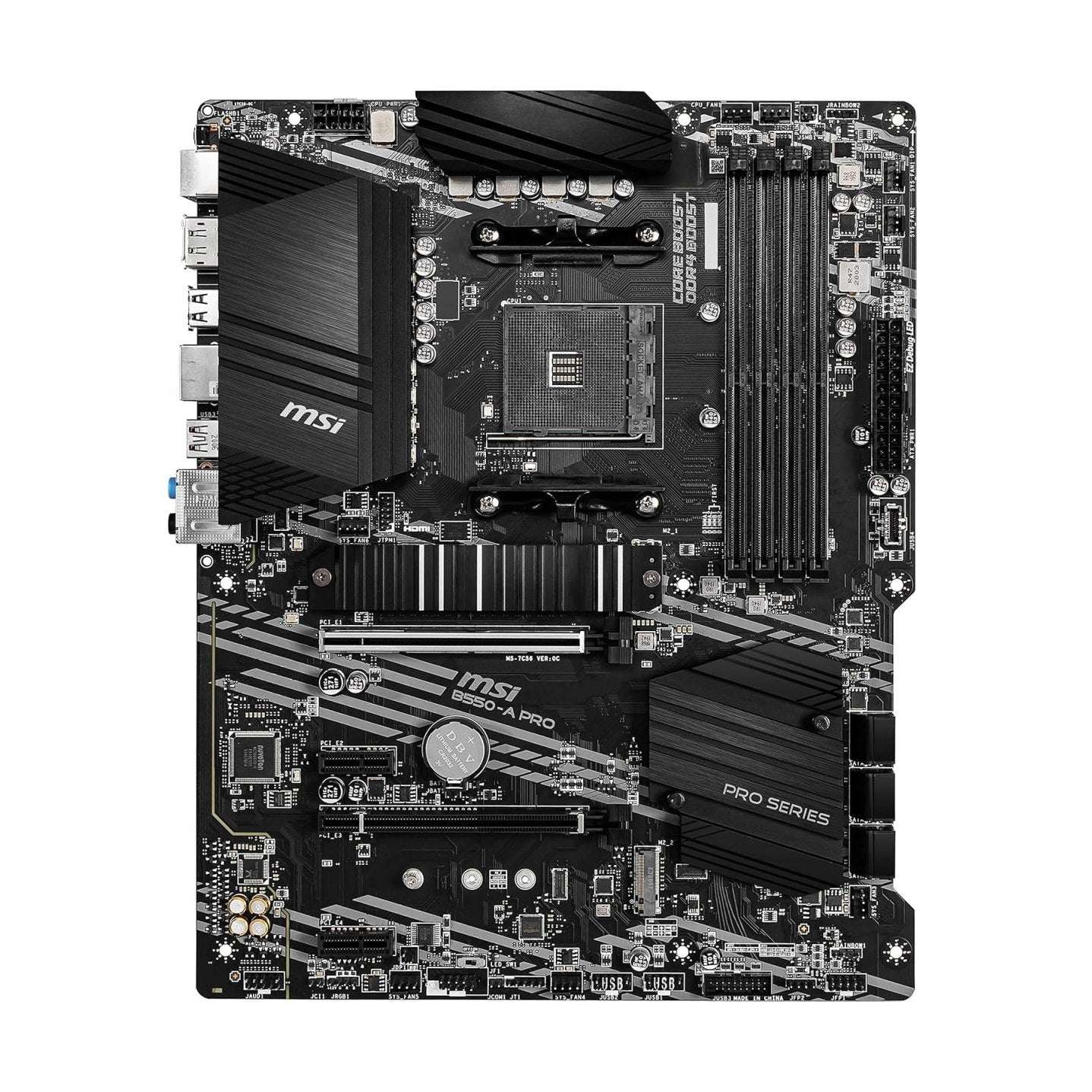 MSI B550-A PRO ATX motherboard front view with CPU socket and dual heatsink blocks