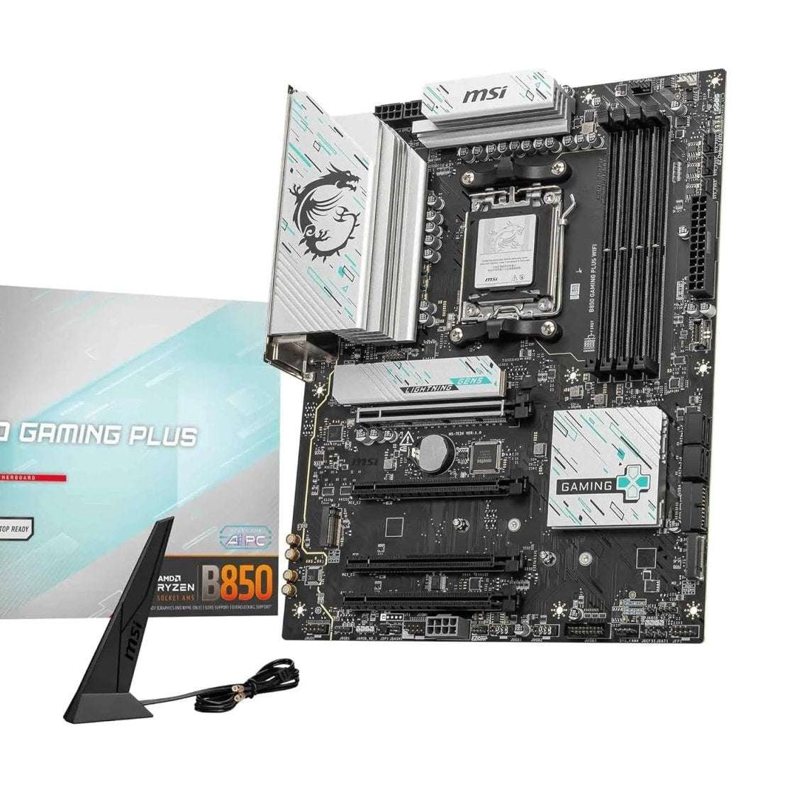 ATX gaming motherboard with black heatsinks and visible CPU socket area
