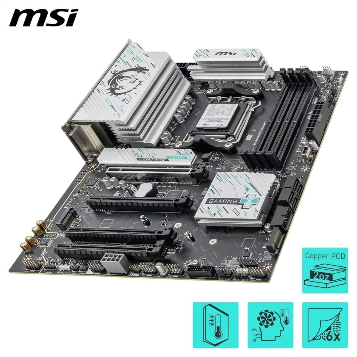 Gaming motherboard angled view showing copper PCB, chipset heatsinks, and expansion ports