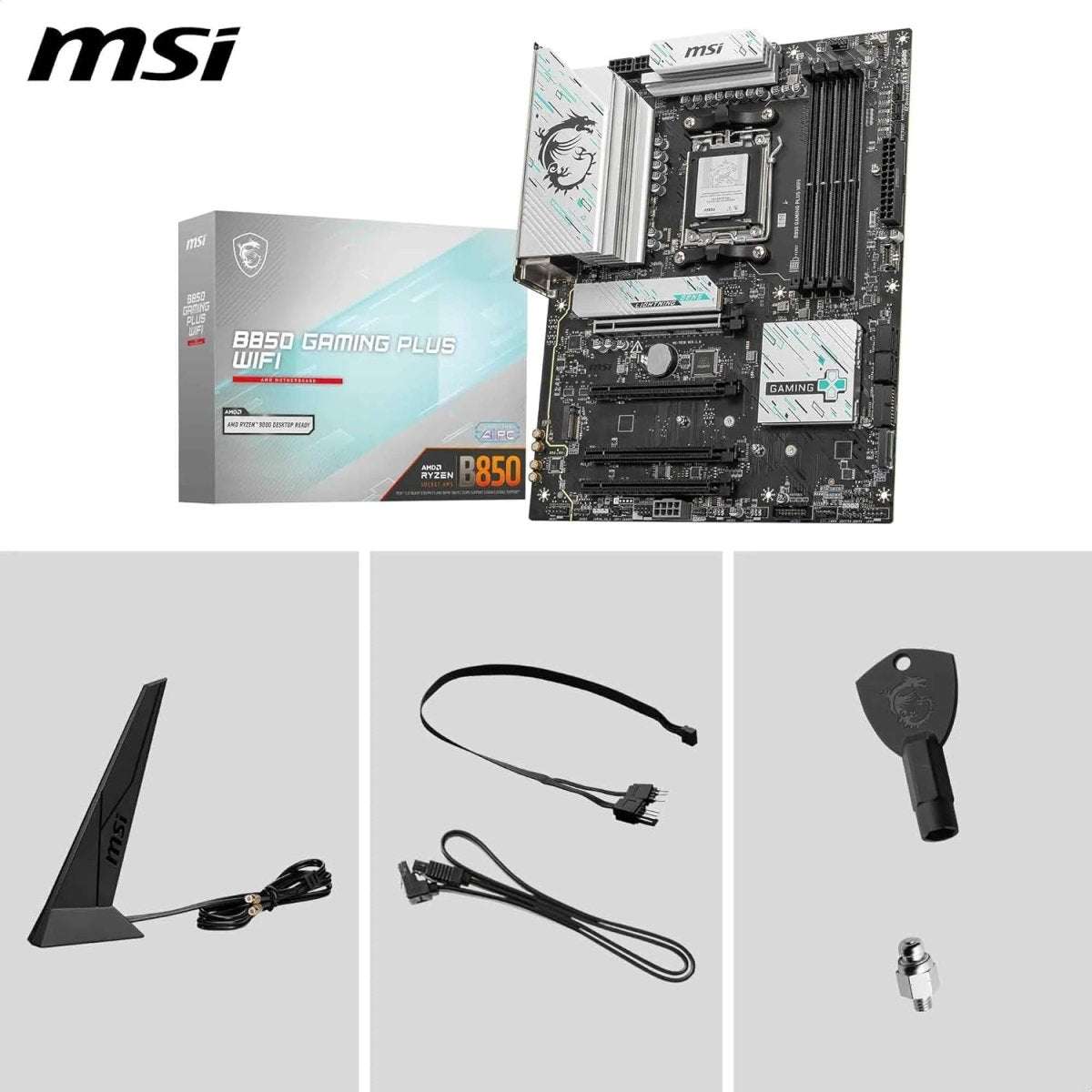 Gaming motherboard kit with accessory cables and external I/O shield and antenna