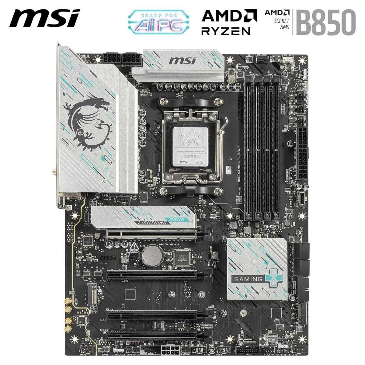 Gaming motherboard front view with AM5 CPU socket, cooling fins, and PCIe slots