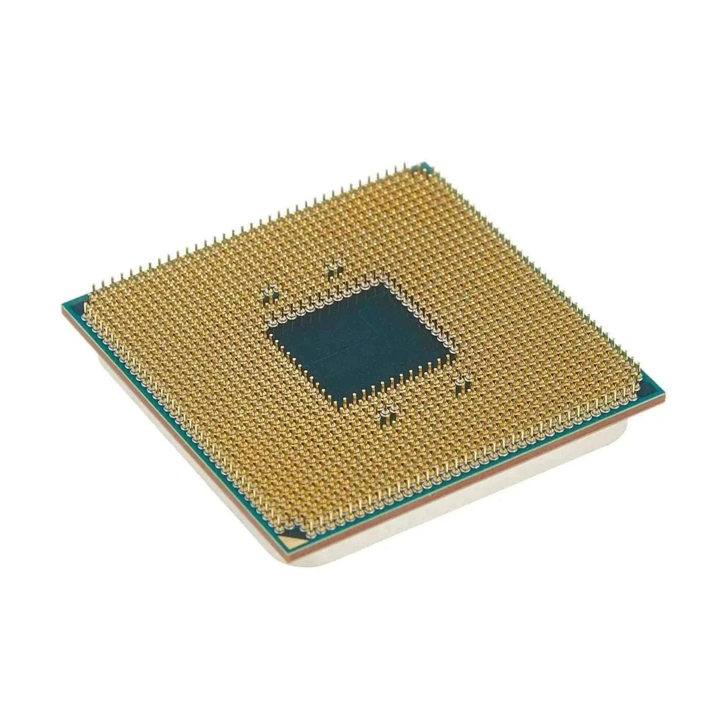 Gold-pinned desktop CPU chip with exposed central square die
