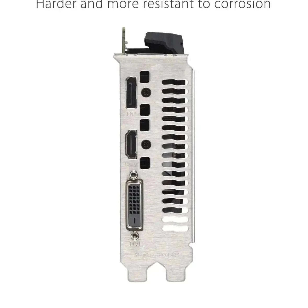GPU backplate with vent slots and port cutouts on metal bracket