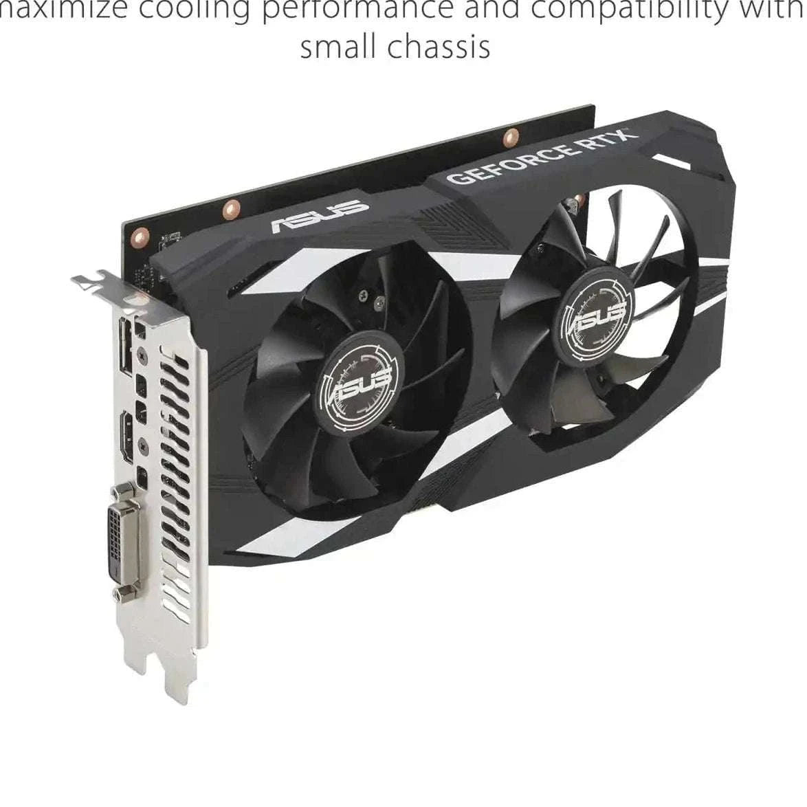 Dual-fan graphics card with ASUS branding and GeForce RTX text on shroud