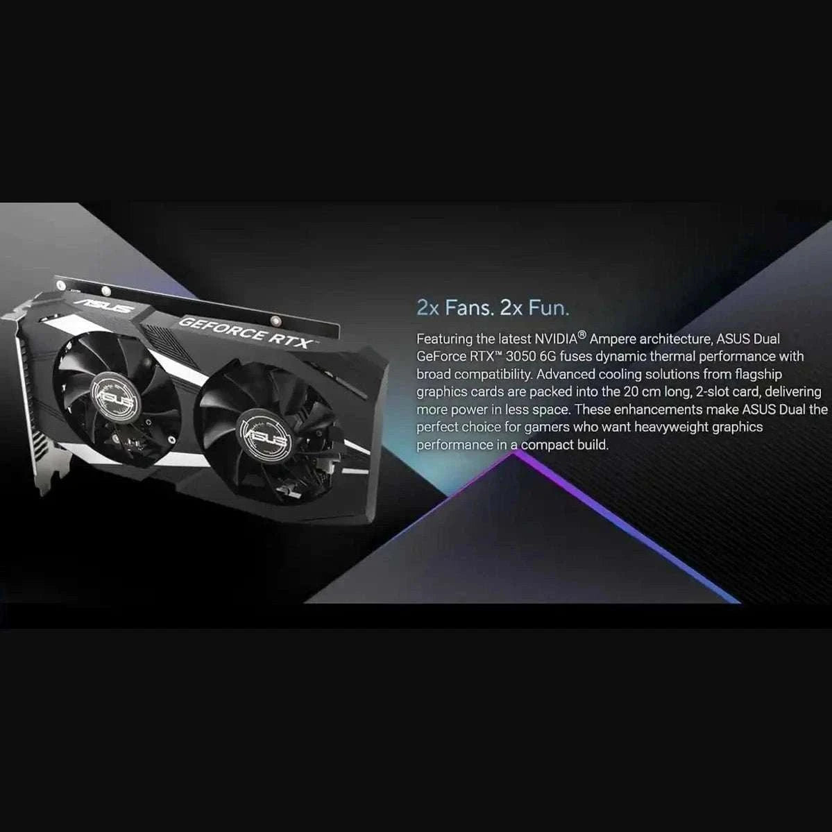 Dual-fan GeForce RTX 3050 graphics card with metal shroud and backplate