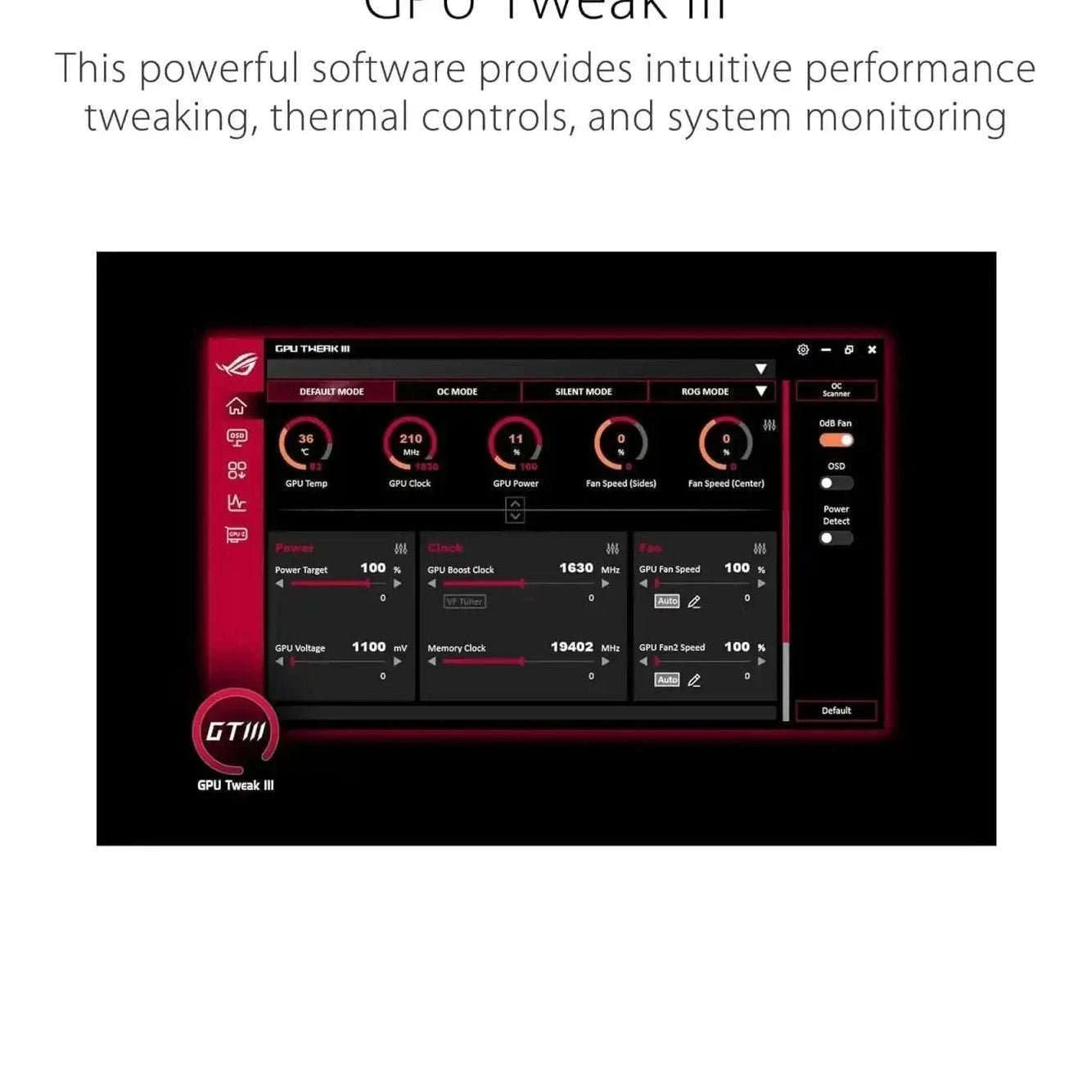 GPU Tweak software UI screenshot with performance, control, and monitoring options