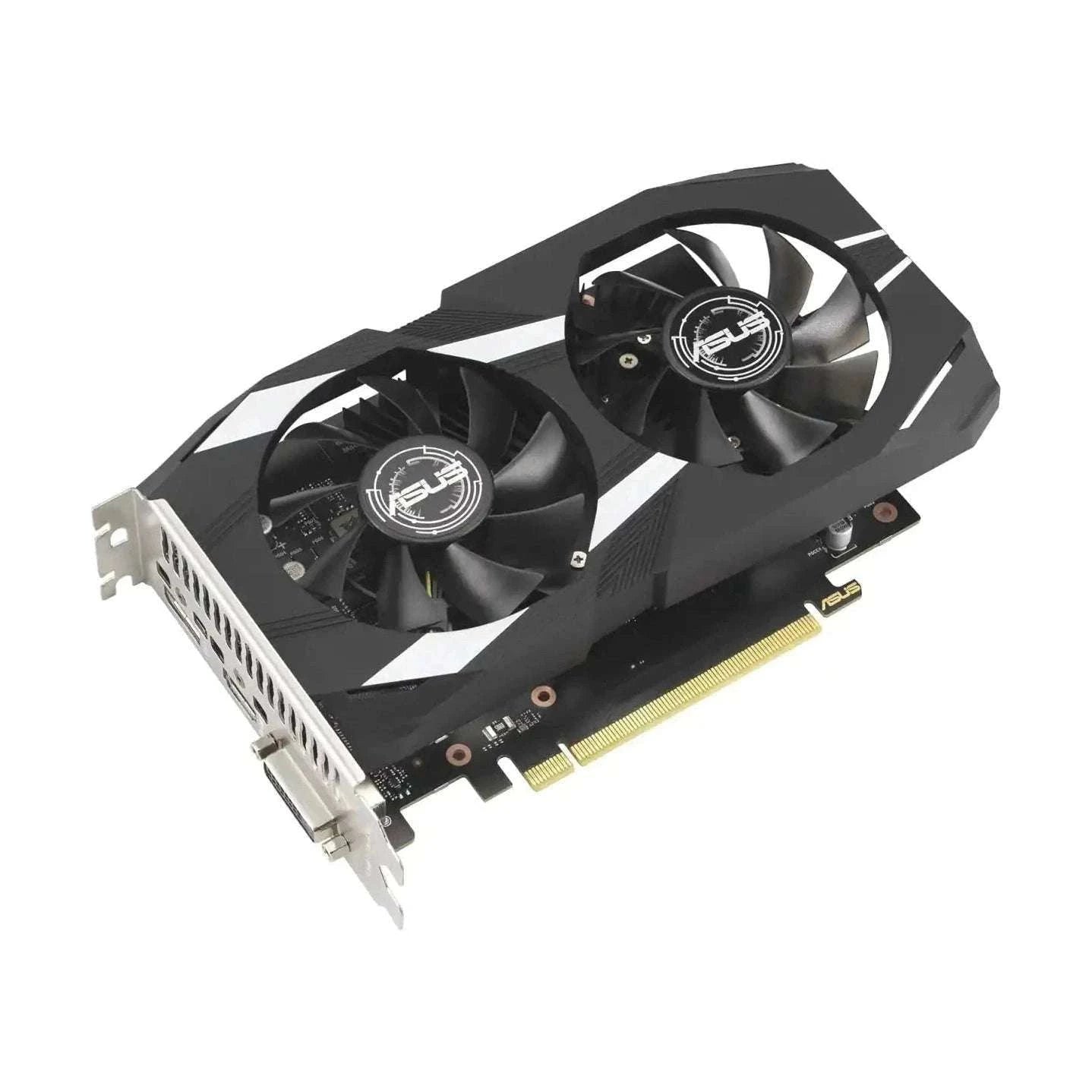 ASUS dual-fan graphics card angled view with dual cooling fans