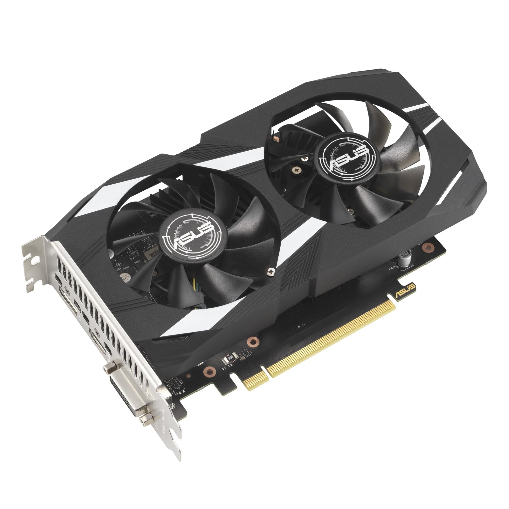 ASUS Dual GeForce RTX 3050 front view with white accents and silver backplate