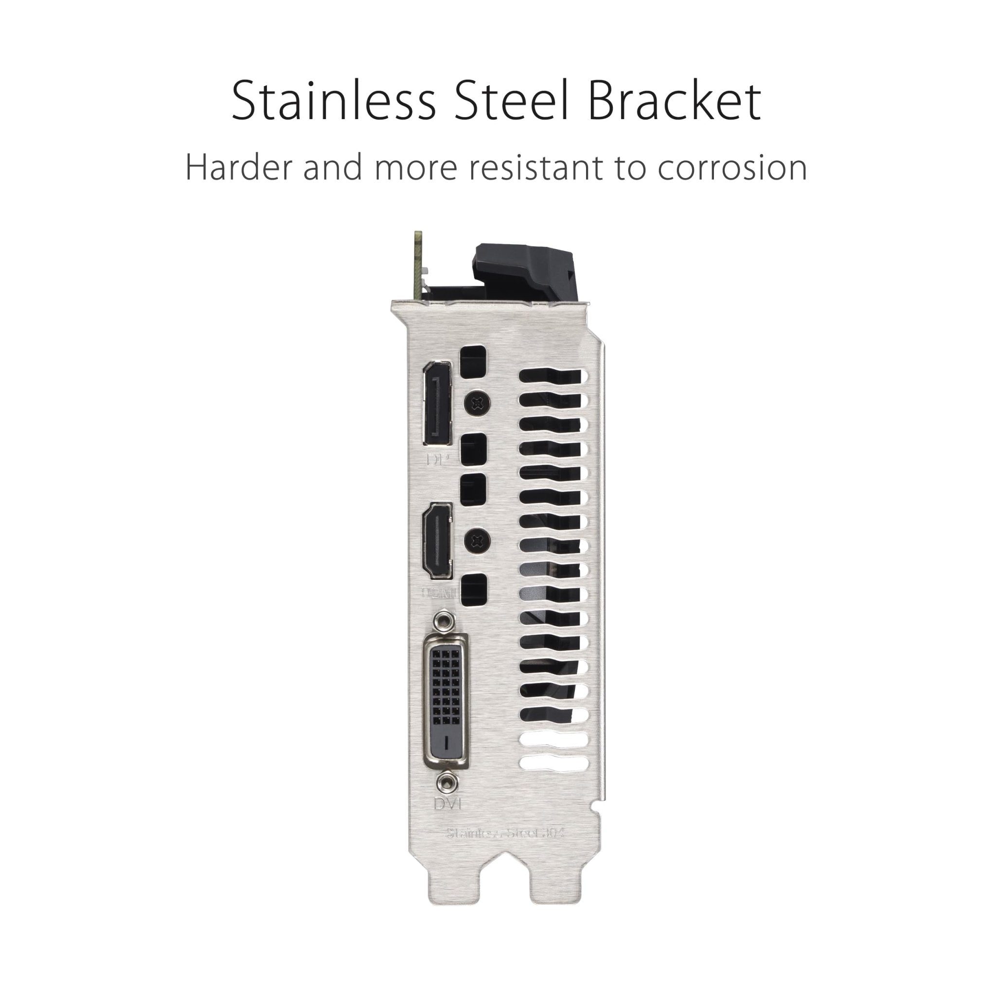 ASUS RTX 3050 brushed stainless steel bracket with ventilation slots and HDMI DisplayPort connectors