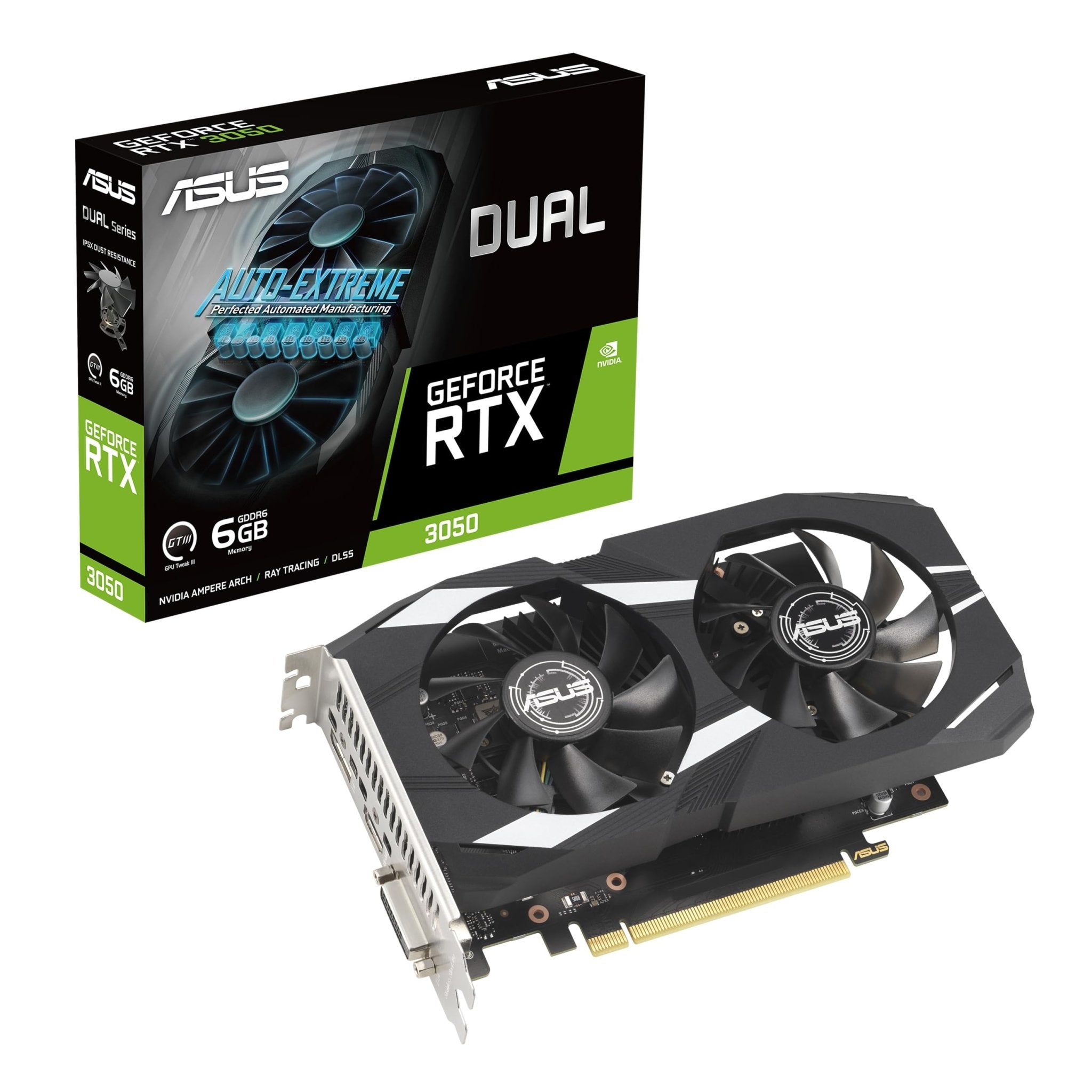 ASUS Dual GeForce RTX 3050 OC Edition box and card with metal backplate