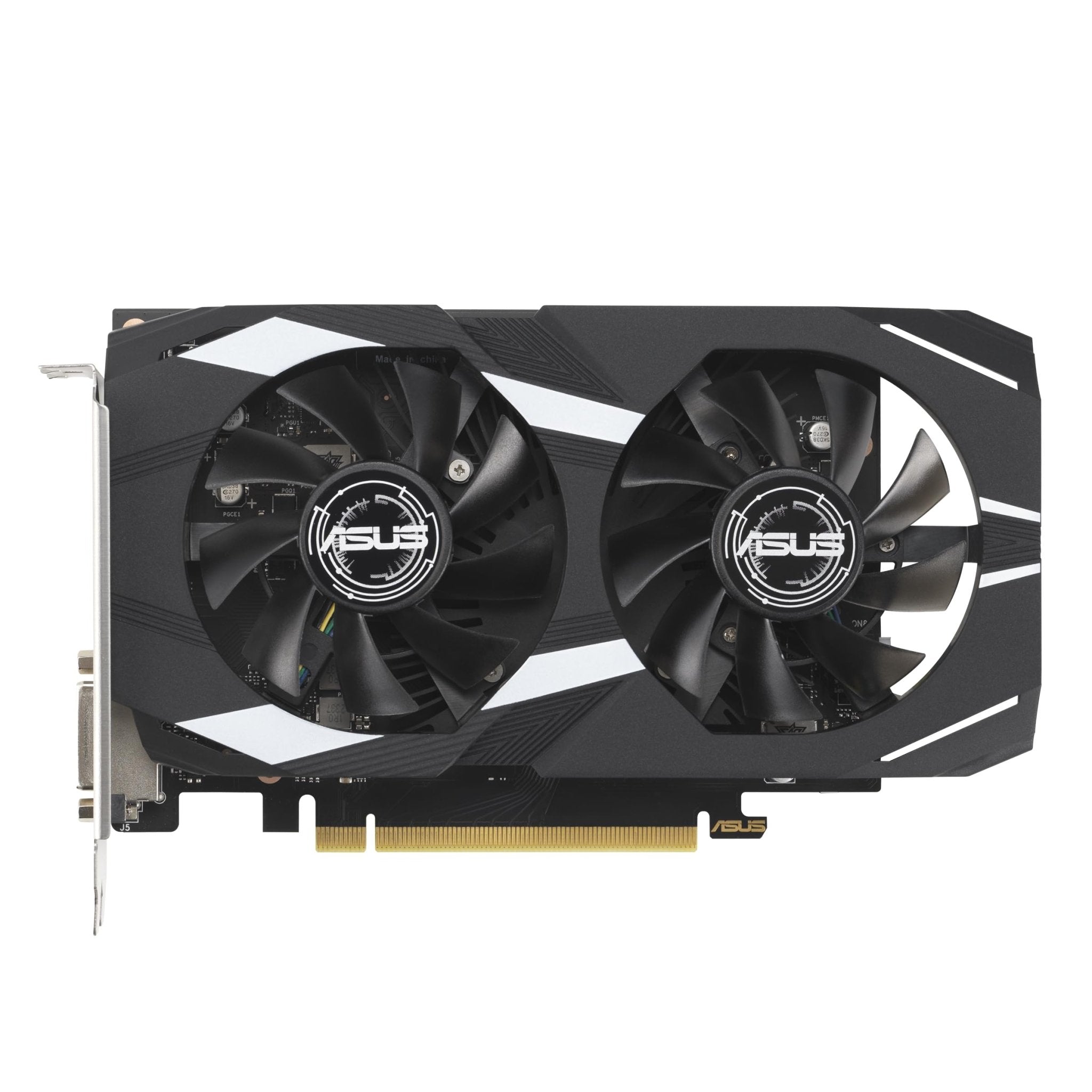Front view of ASUS Dual GeForce RTX 3050 OC Edition with aerodynamic dual fans