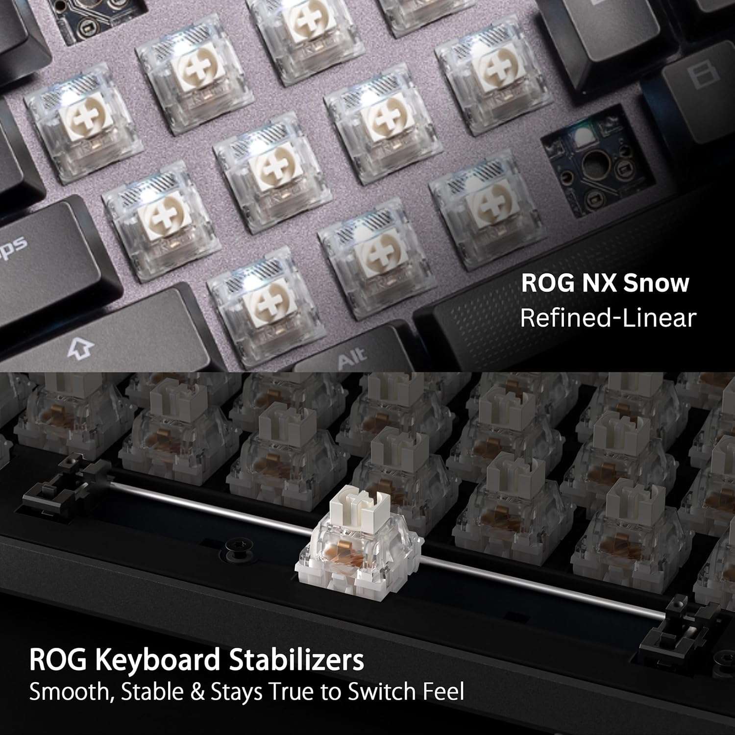 Mechanical keyboard switches and stabilizers, featuring ROG NX Snow refined linear.