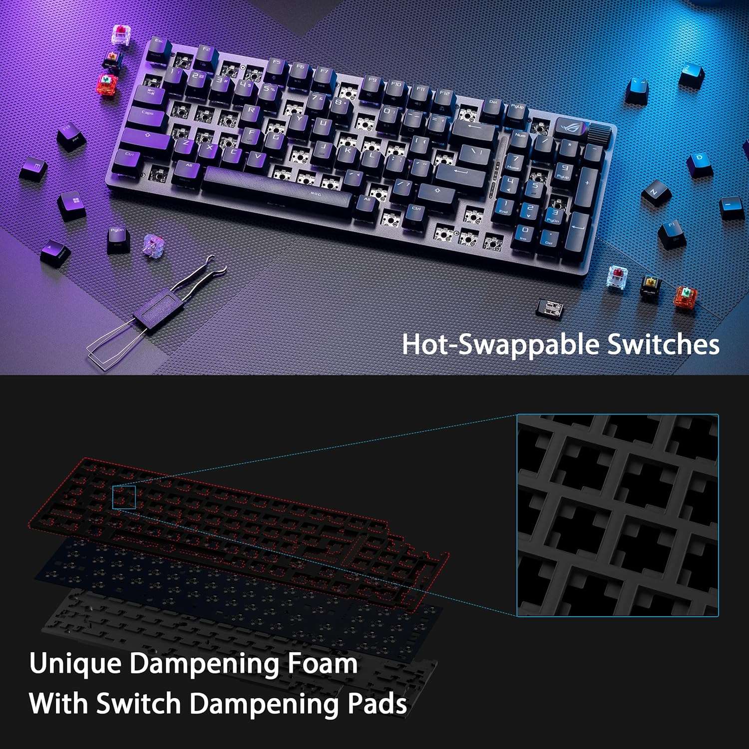 Hot-swappable mechanical keyboard switches shown with per-key RGB lighting.