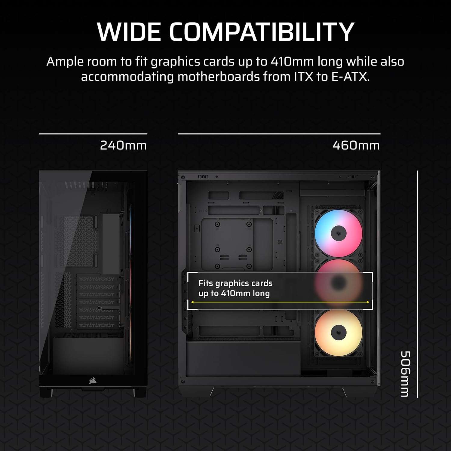 PC case compatibility layout showing space for graphics card and cooling fans