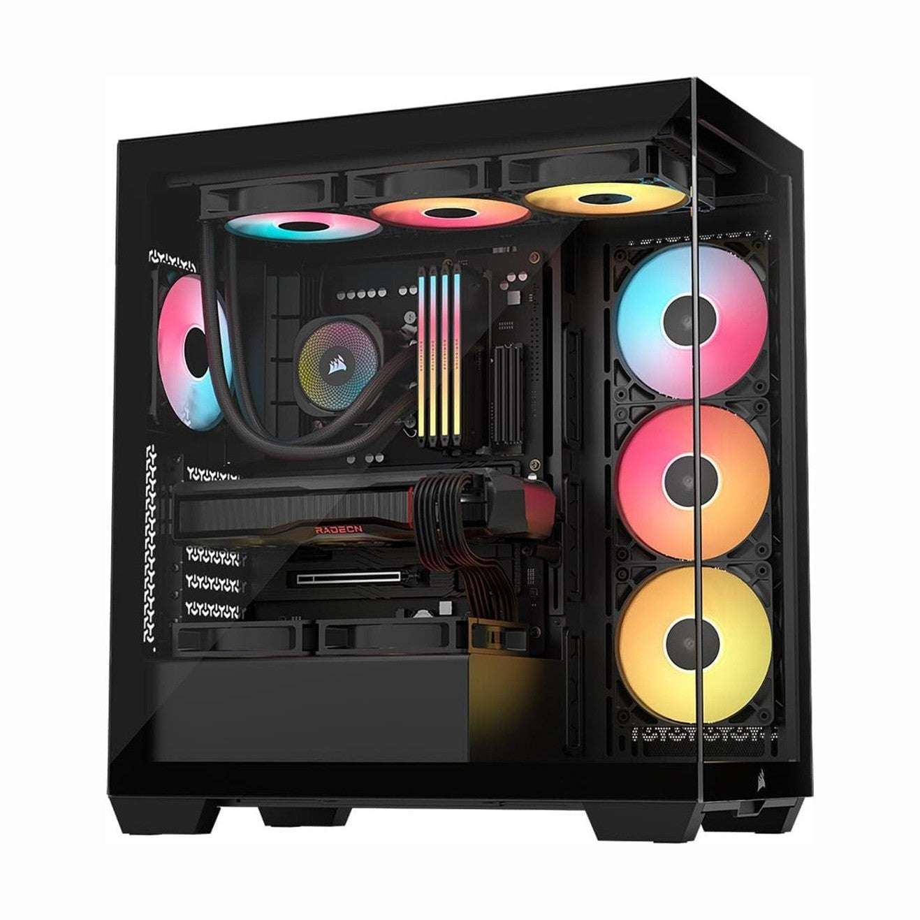 Black mid-tower PC case with tempered glass side panel and three ARGB fans