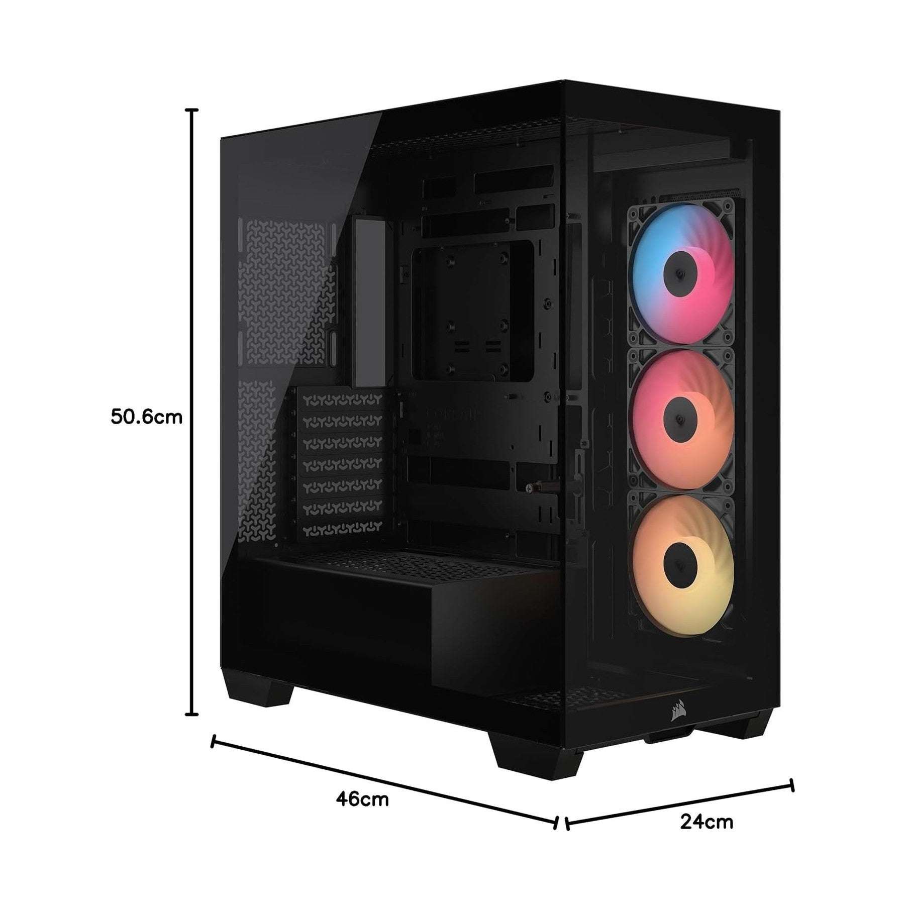 Black mid-tower PC case with tempered glass side panel and exterior size dimensions