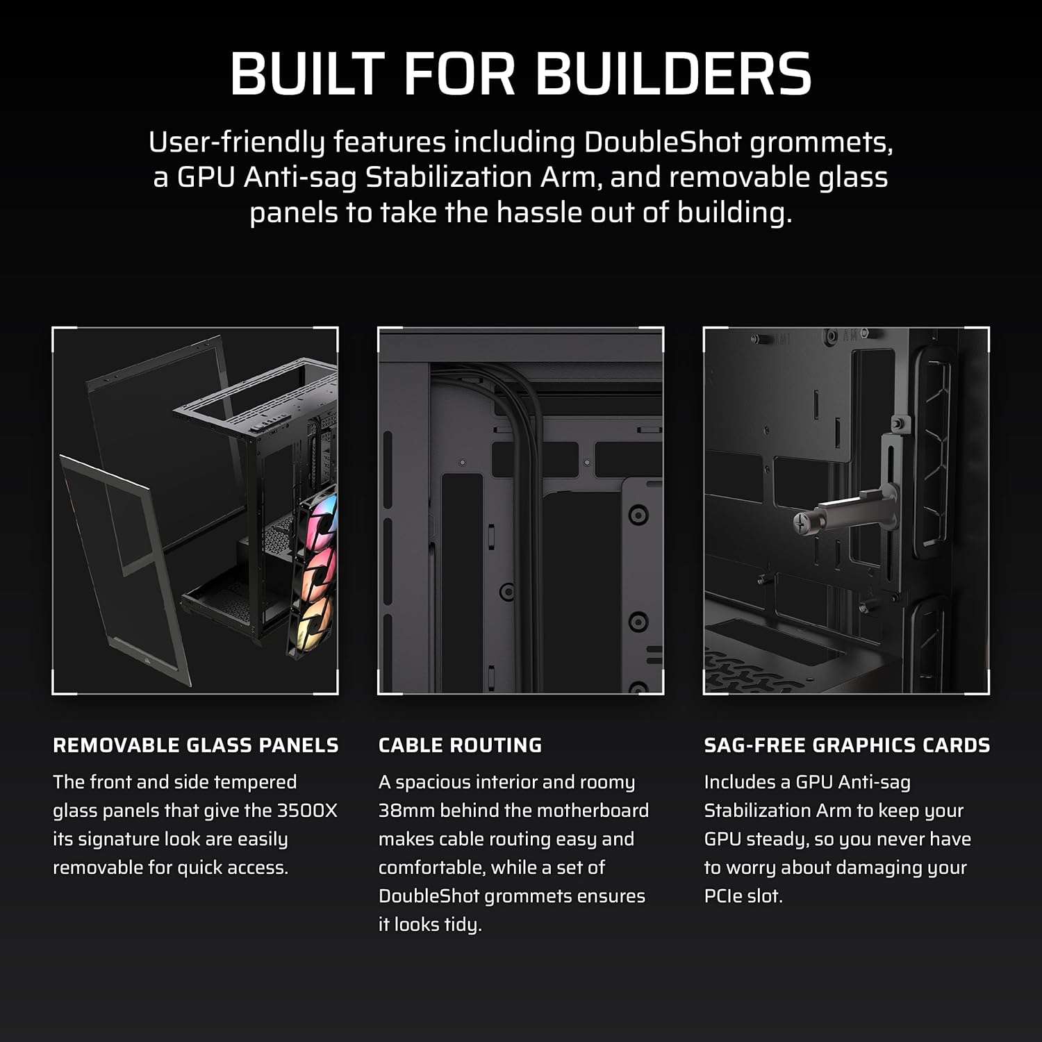 Tempered glass PC case features: removable panels, cable routing, anti-sag arm