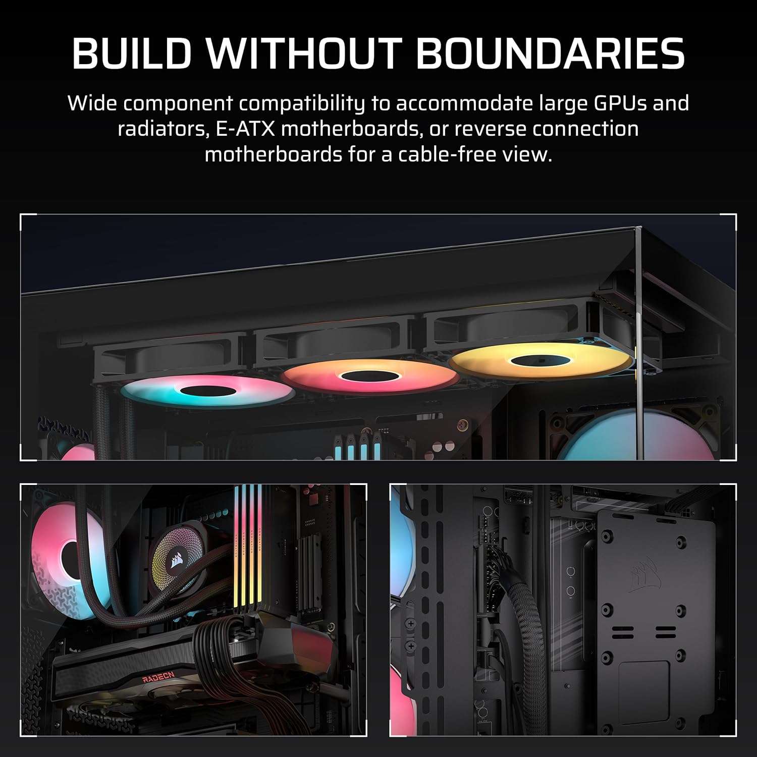 Mid-tower PC case with tempered glass side showing interior ARGB lighting