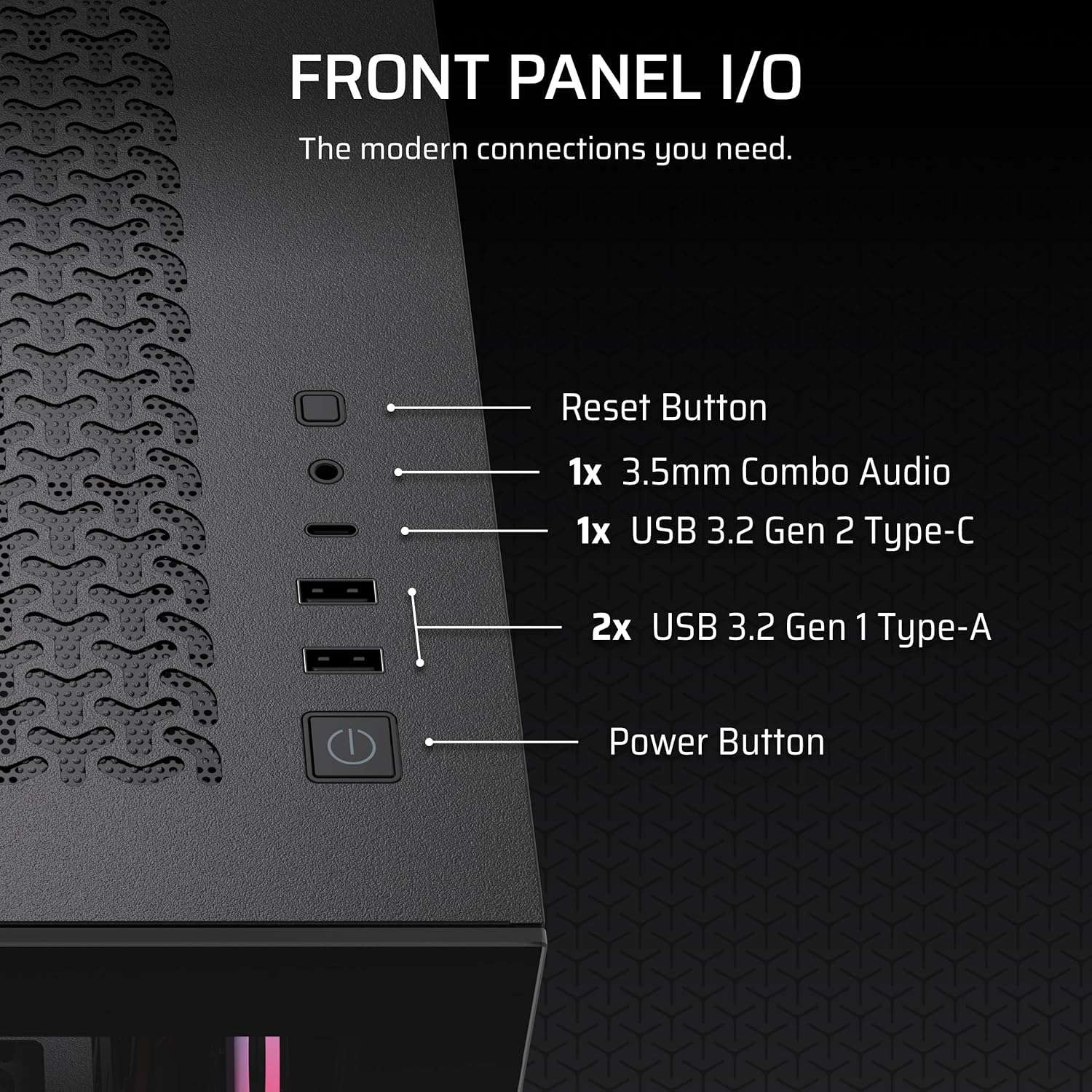 PC case front I/O panel with reset button, power button, and USB ports