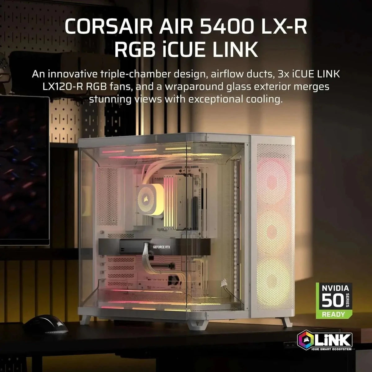 Corsair AIR 5400 LX-R RGB iCUE Link Mid-Tower PC Case - White - OPCbleu