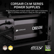 Alimentation semi modulaire CORSAIR CX650M ATX 3.1 PCIe 5.1 faible bruit 650 W – Noir — conception modulaire; PCIe 5.1