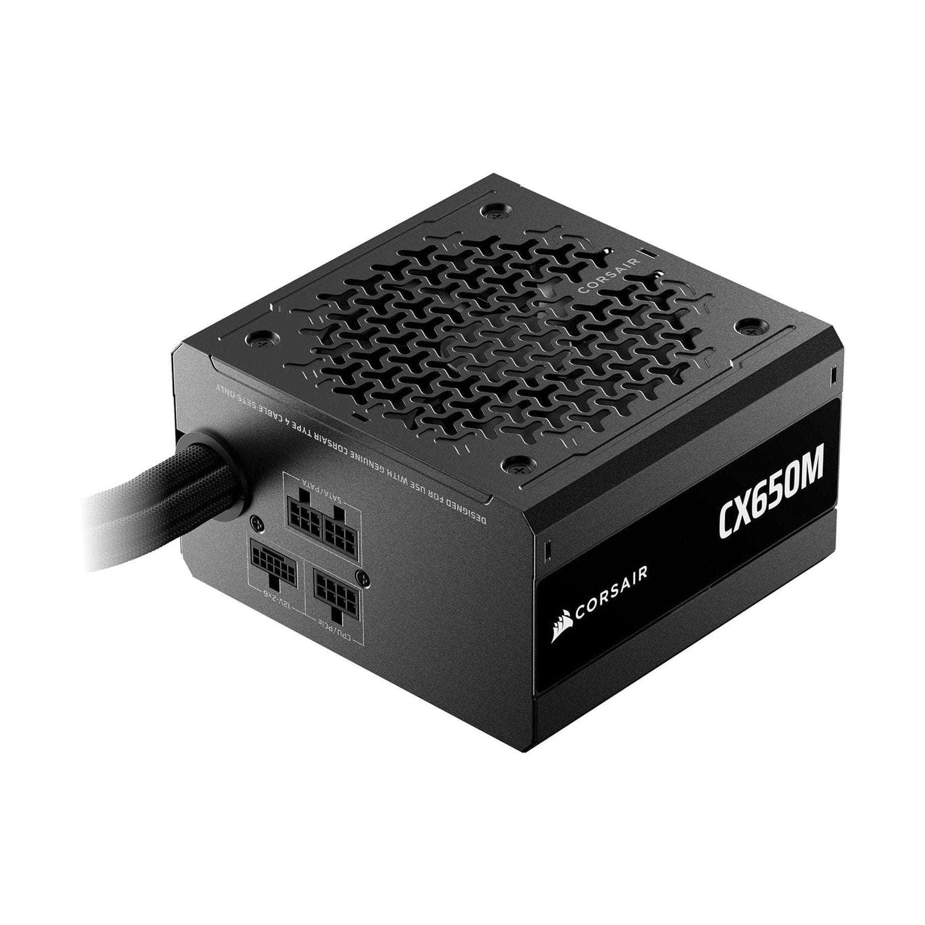 Black CORSAIR CX650M semi-modular ATX power supply with textured top and side ports