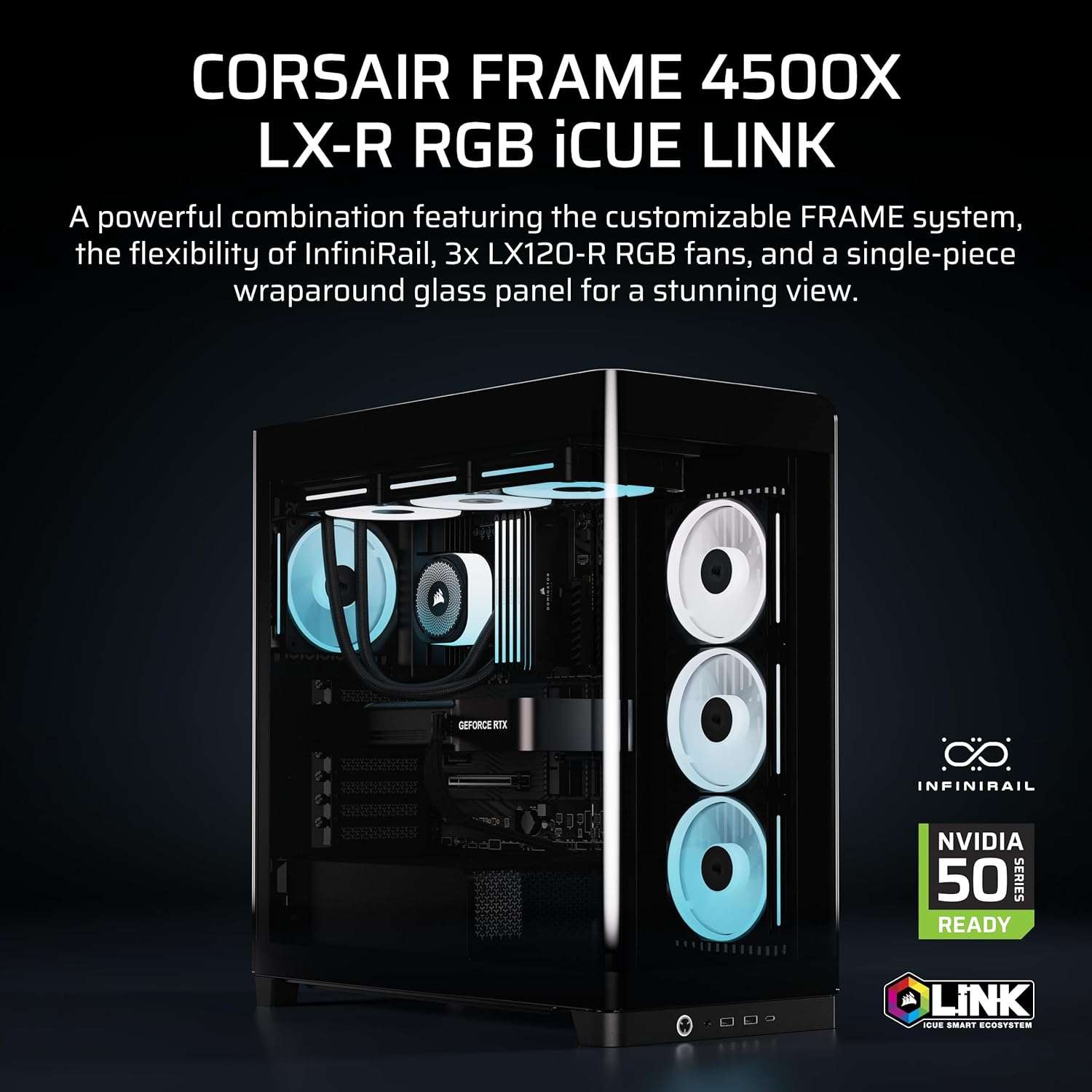 Black mid-tower PC case with tempered glass side panel and visible RGB cooling fans
