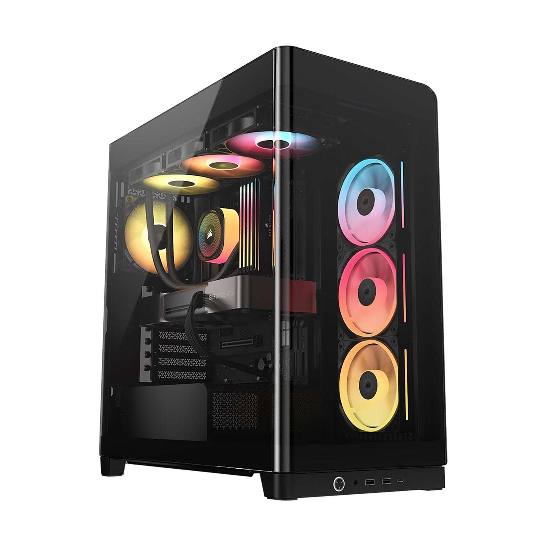 Mid-tower PC case with front RGB fans and tempered glass side panel, black chassis