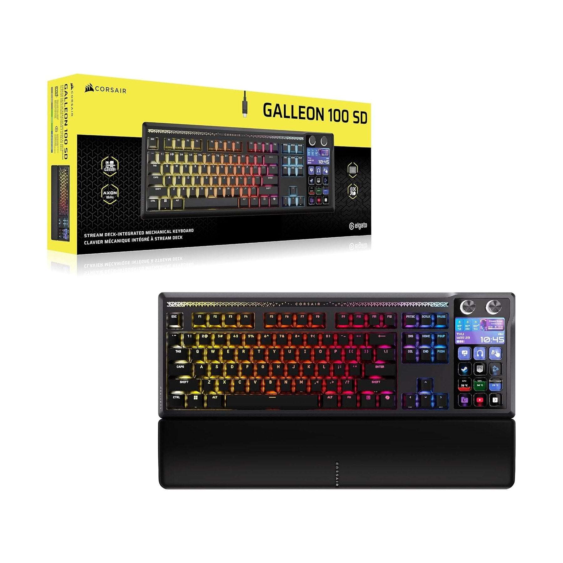 Corsair Galleon 100 SD keyboard retail box and black keyboard with Stream Deck display.
