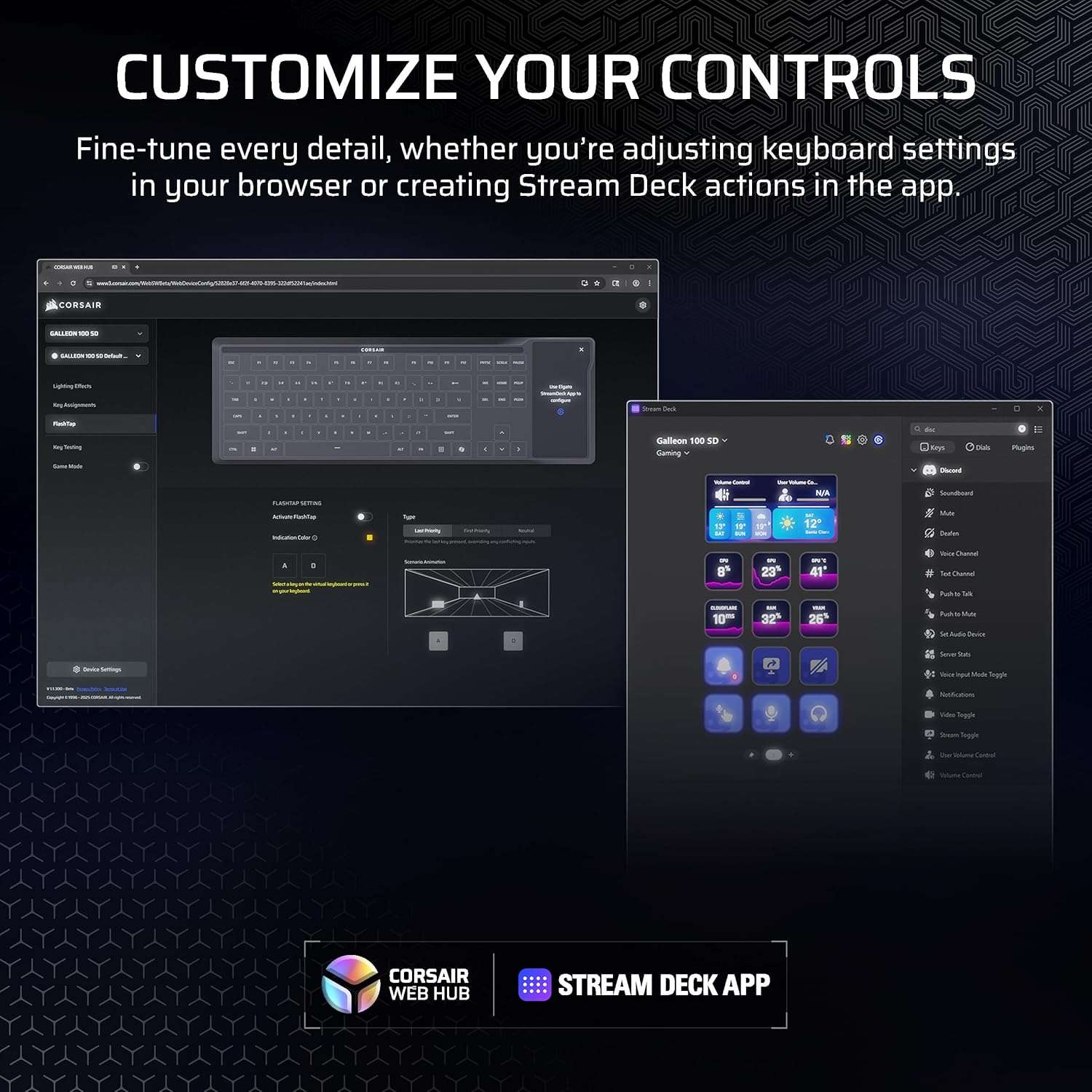 Corsair Stream Deck app interface for customizing controls for the Galleon 100 SD keyboard.