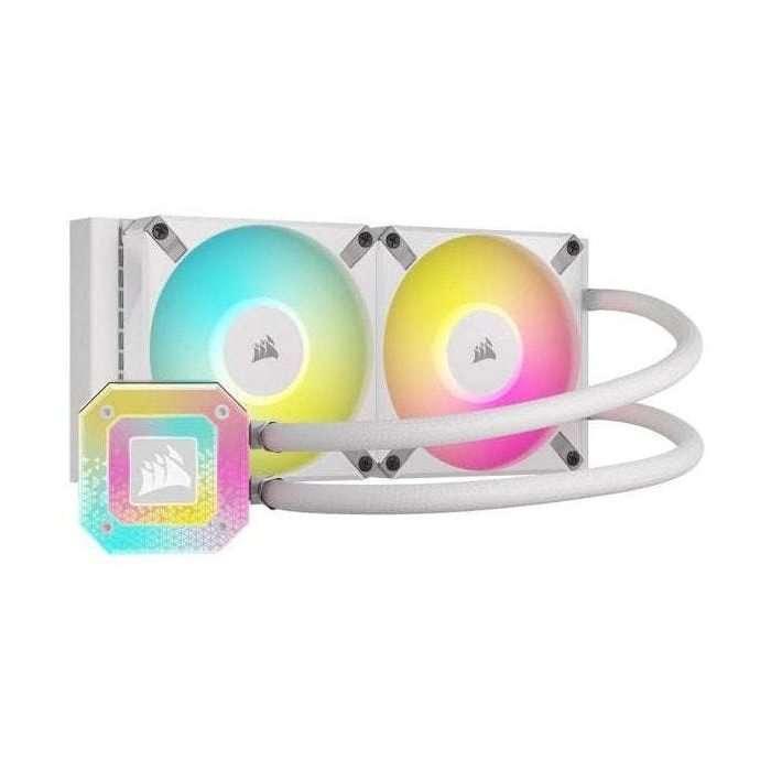 White liquid CPU cooler with dual RGB fans, square RGB pump, and white hoses