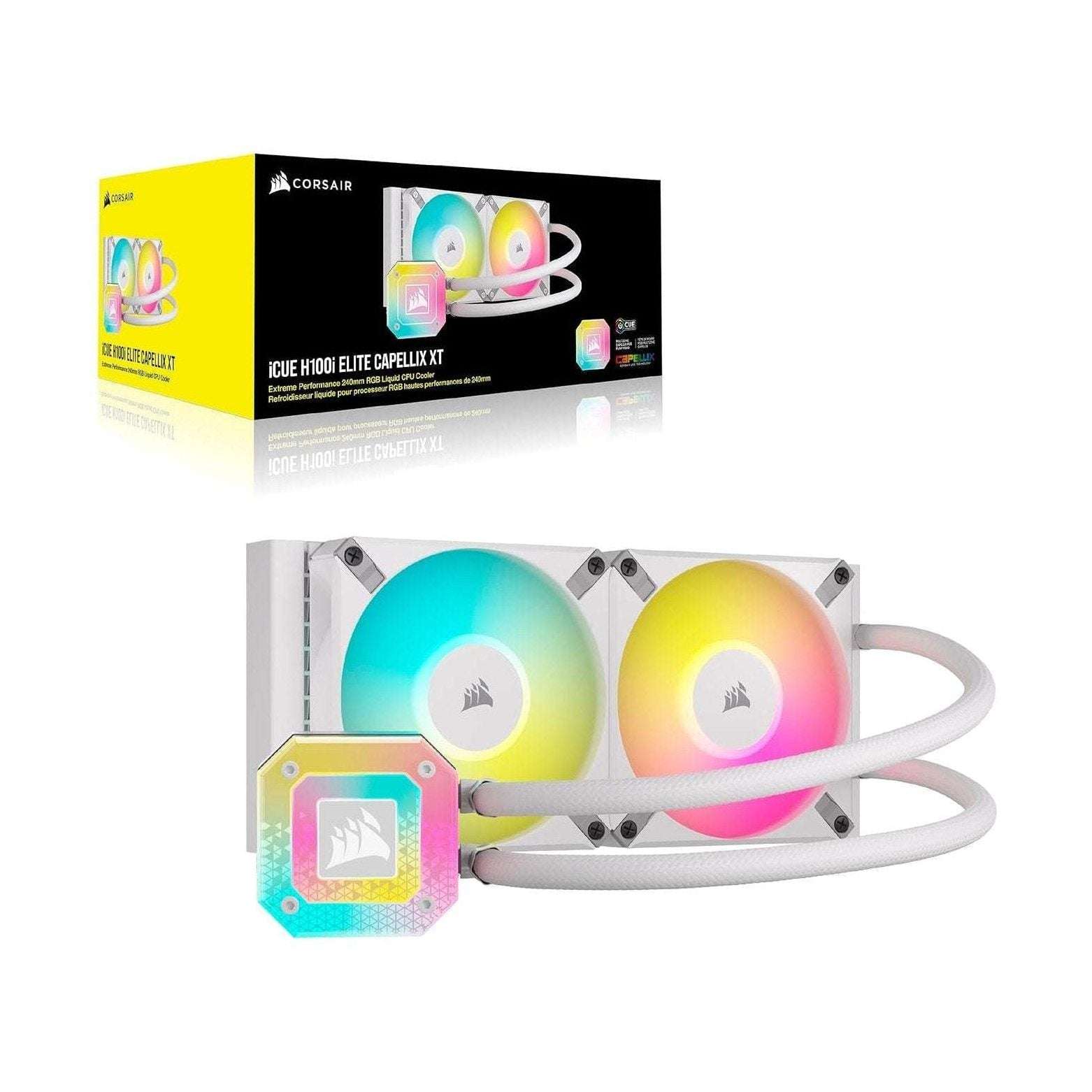 Retail box showing a white liquid CPU cooler with dual RGB fans and pump head