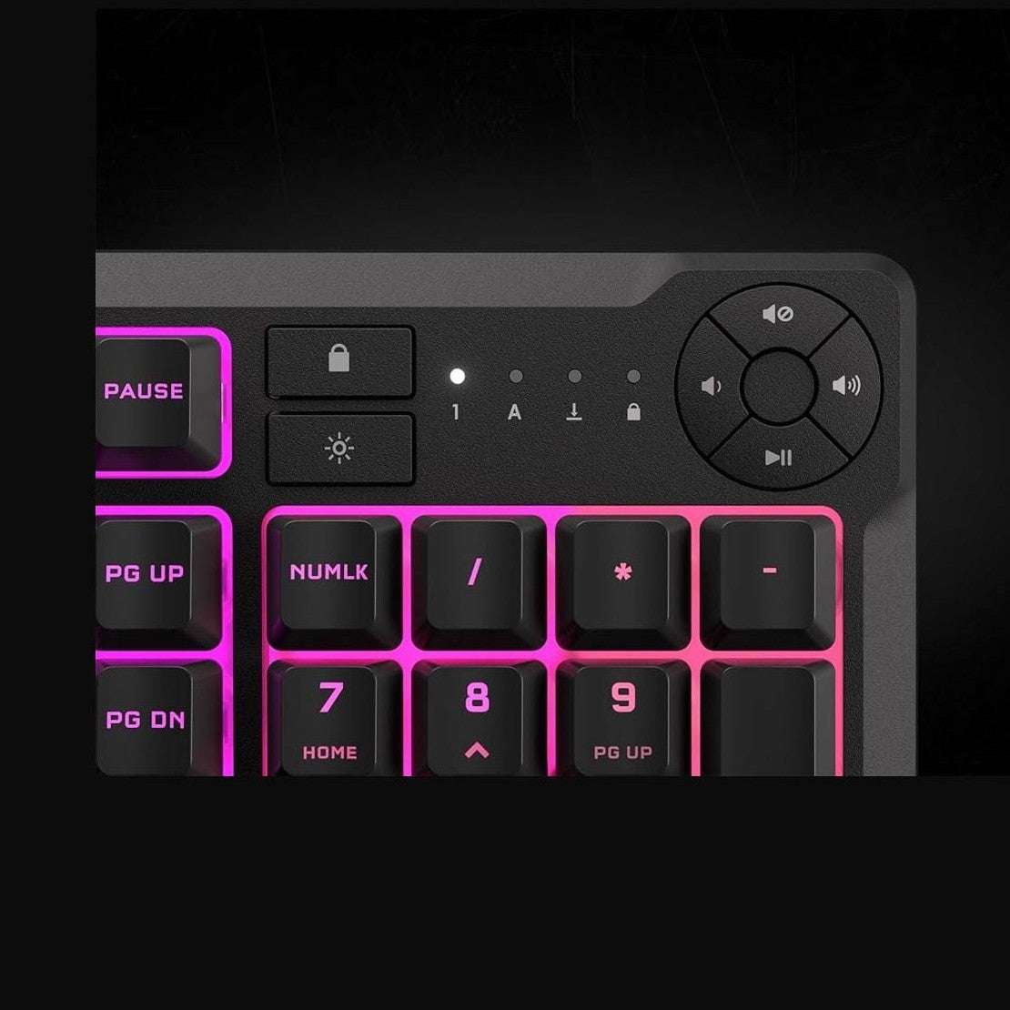 Close-up of black Corsair K55 CORE RGB keyboard media controls with pink and purple LEDs