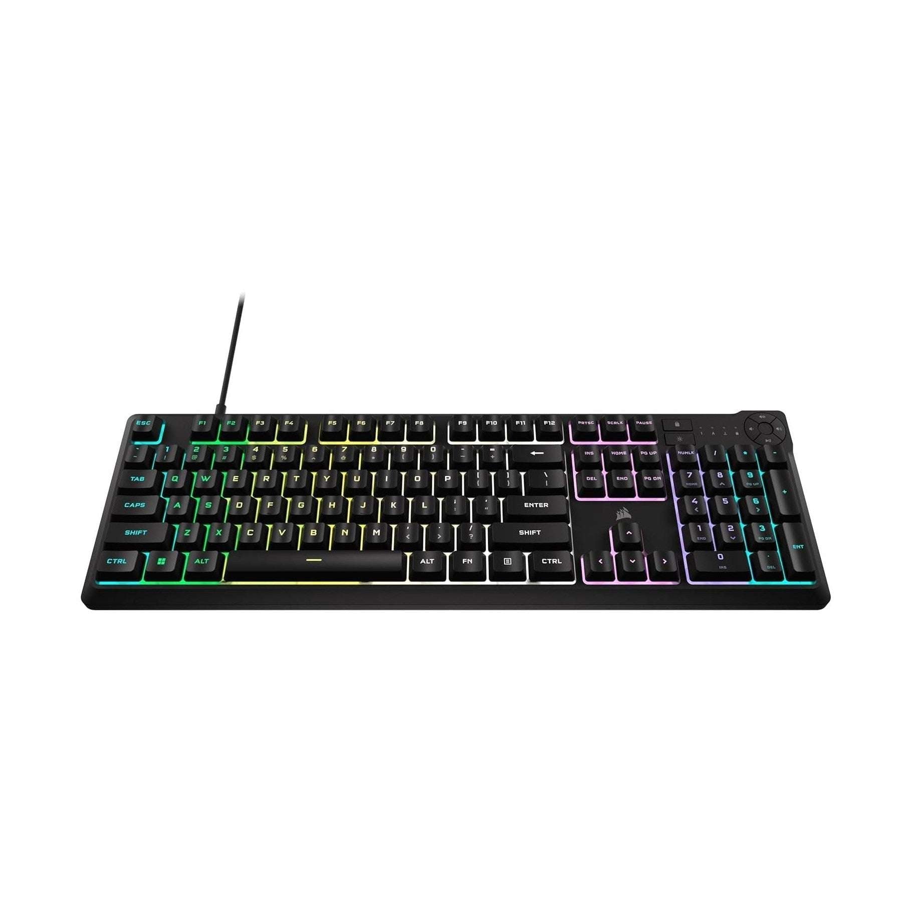 Black Corsair K55 CORE RGB membrane gaming keyboard, angled view with colorful key LEDs