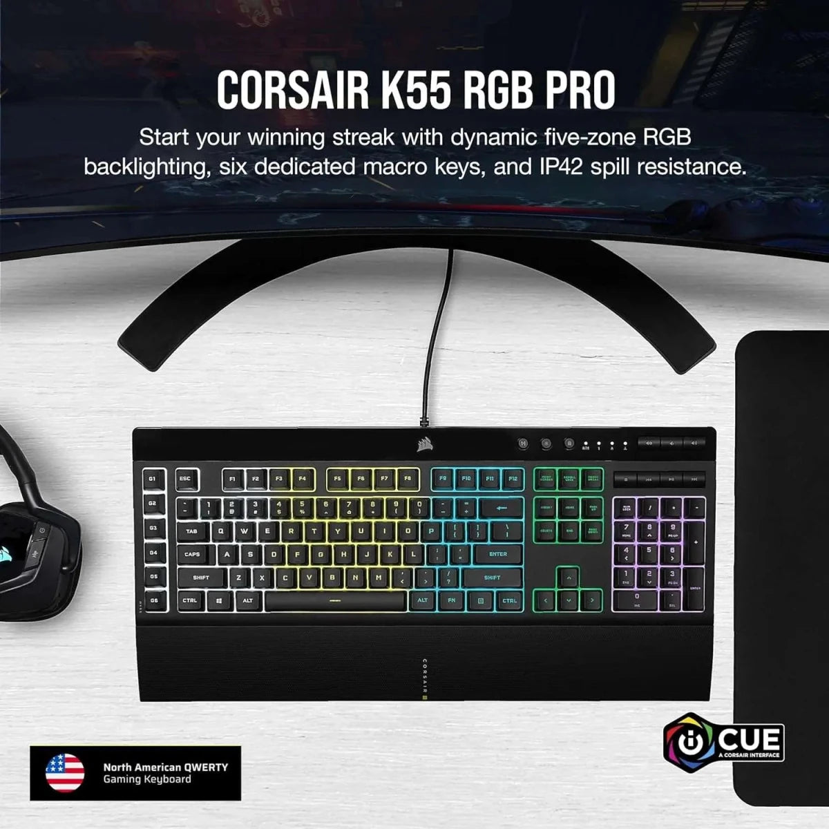 Corsair K55 RGB PRO Membrane Gaming Keyboard IP42 Spill-Resistant - Black