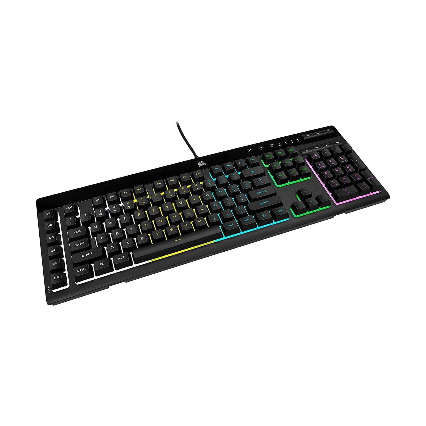 Black RGB membrane gaming keyboard with multicolor backlit keys and cable