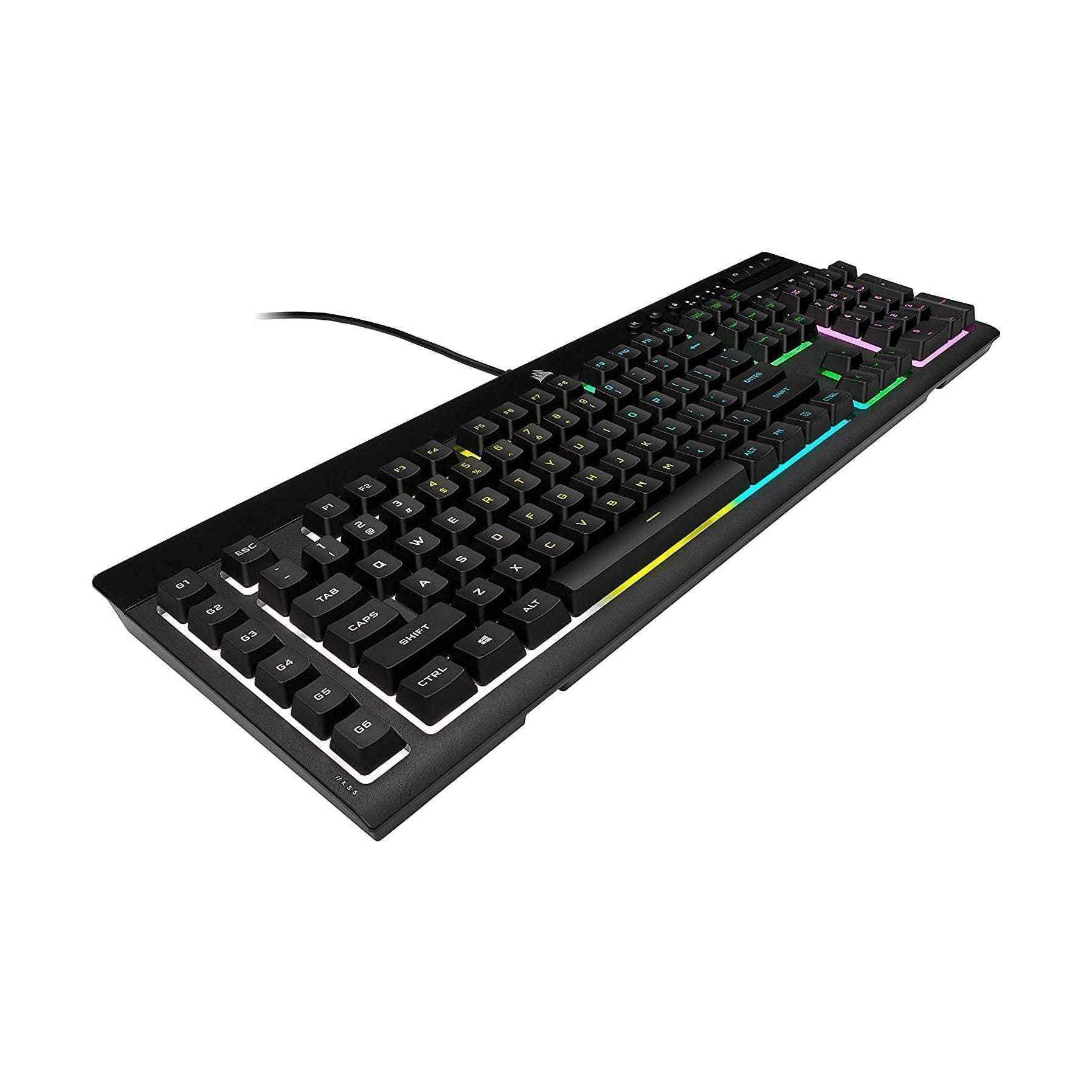 Black RGB gaming keyboard at an angle with bright backlit keys and wired connection