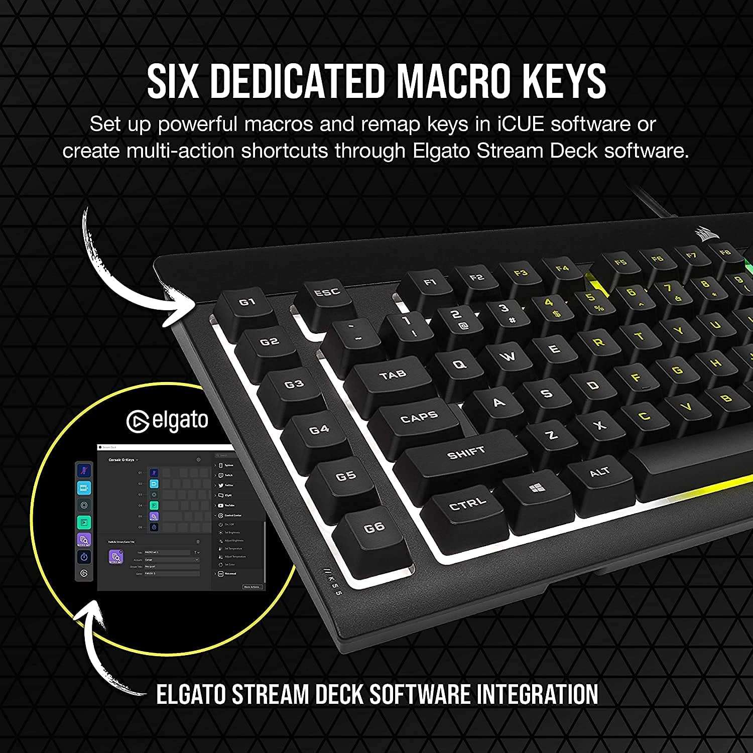 Black RGB gaming keyboard with dedicated macro keys and volume/media control area