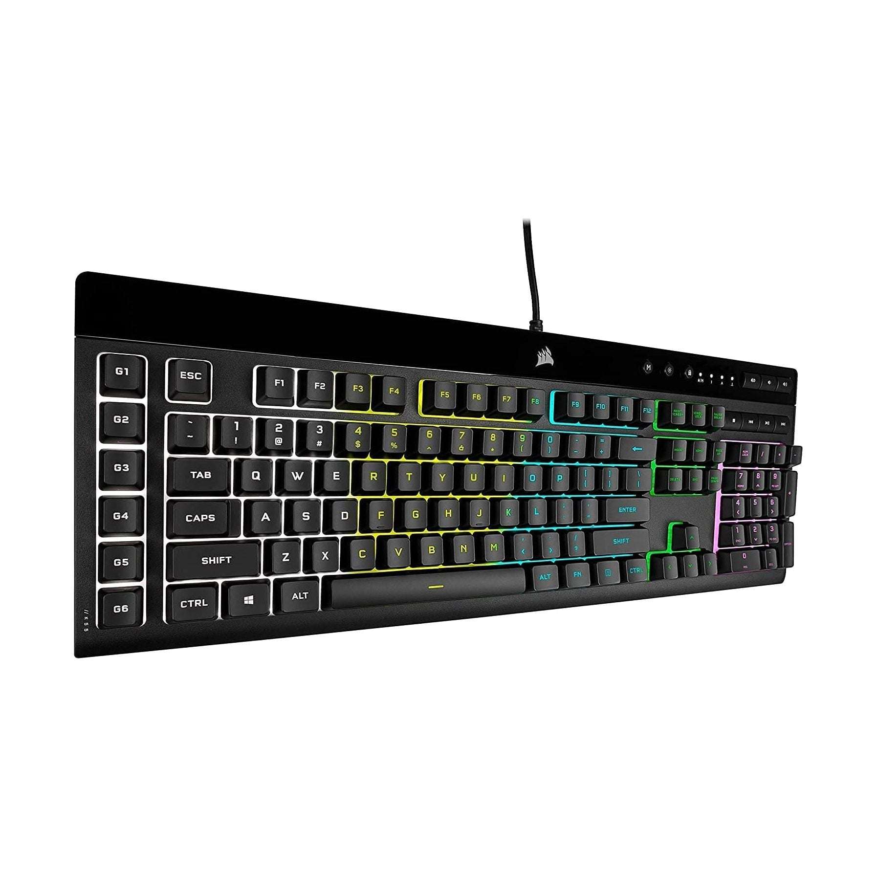 Black RGB gaming keyboard, front view with backlit letter keys and cable
