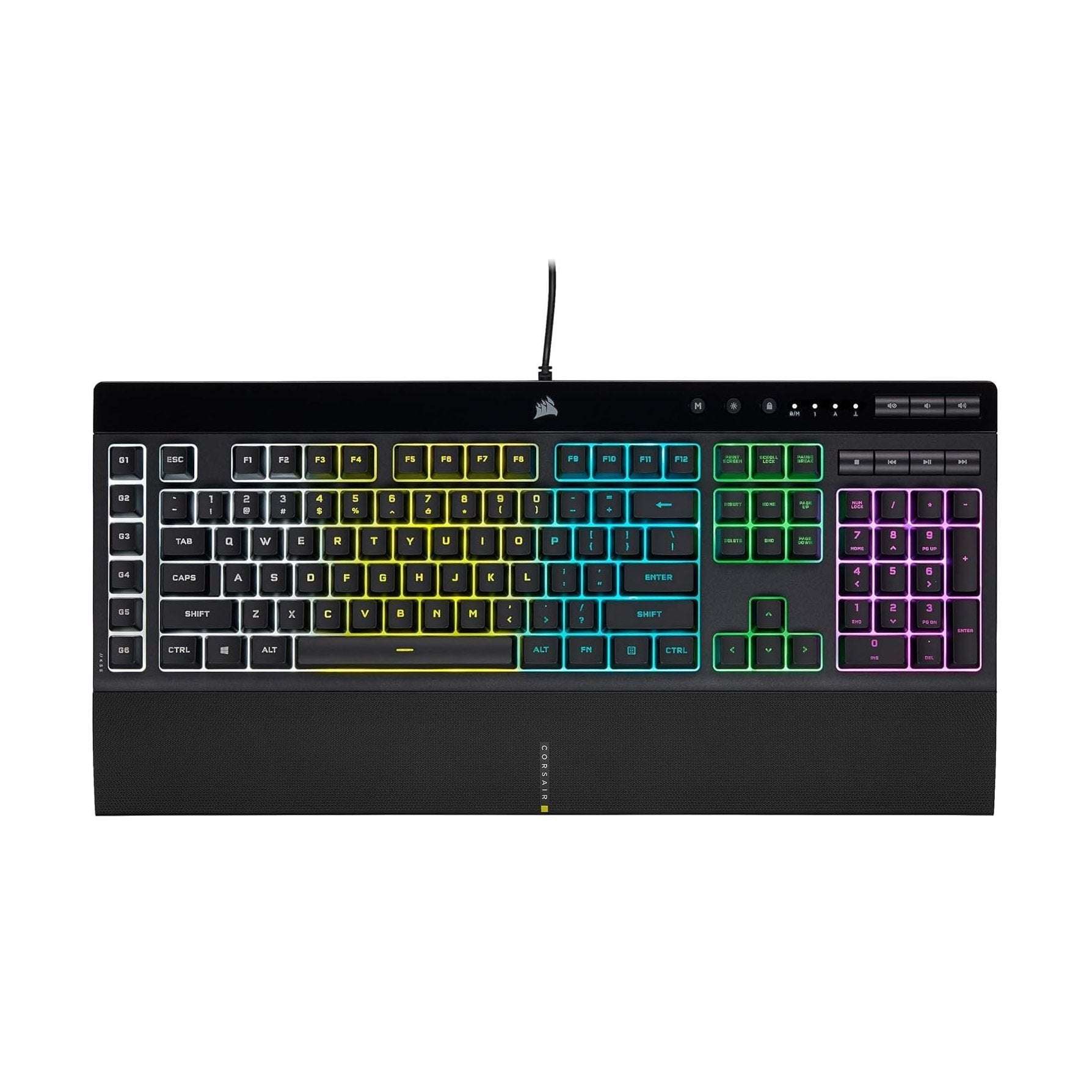 Black RGB membrane gaming keyboard with full-size key backlighting and cable connection