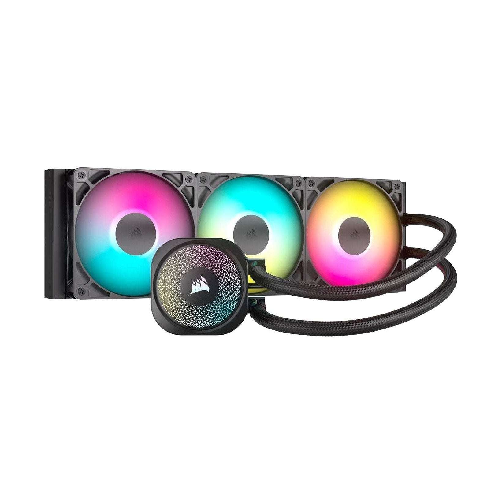 Black 360mm liquid CPU cooler with three RGB fans and round mesh pump head