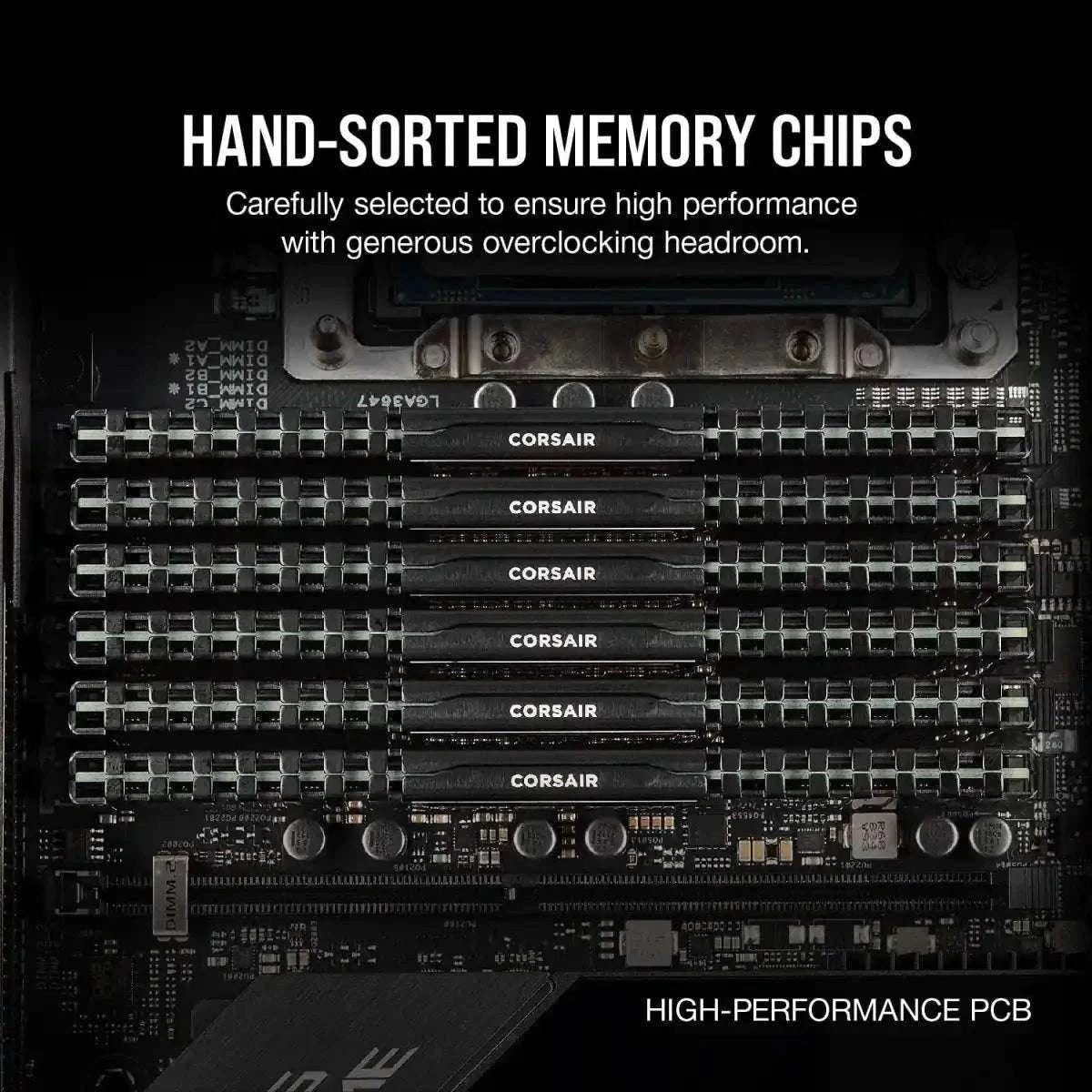 Corsair Vengeance LPX DDR4 RAM modules array, black heatsinks with logos