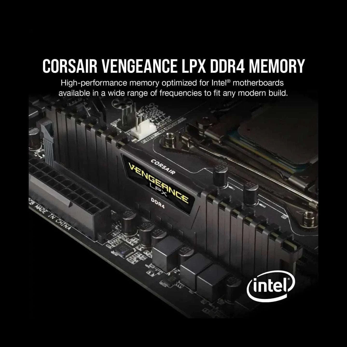 Black Corsair Vengeance LPX DDR4 memory stick, angled view with heatsink fins