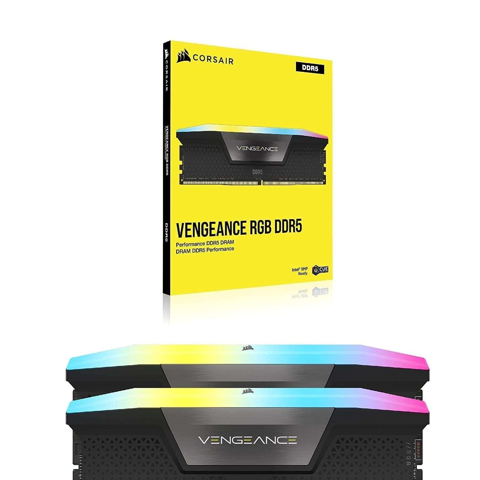 Corsair Vengeance DDR5 RGB memory retail box with two black RAM modules and RGB bars