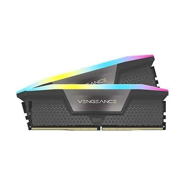 DDR5 RGB RAM kit, black heatspreaders with rainbow LED strip, side view