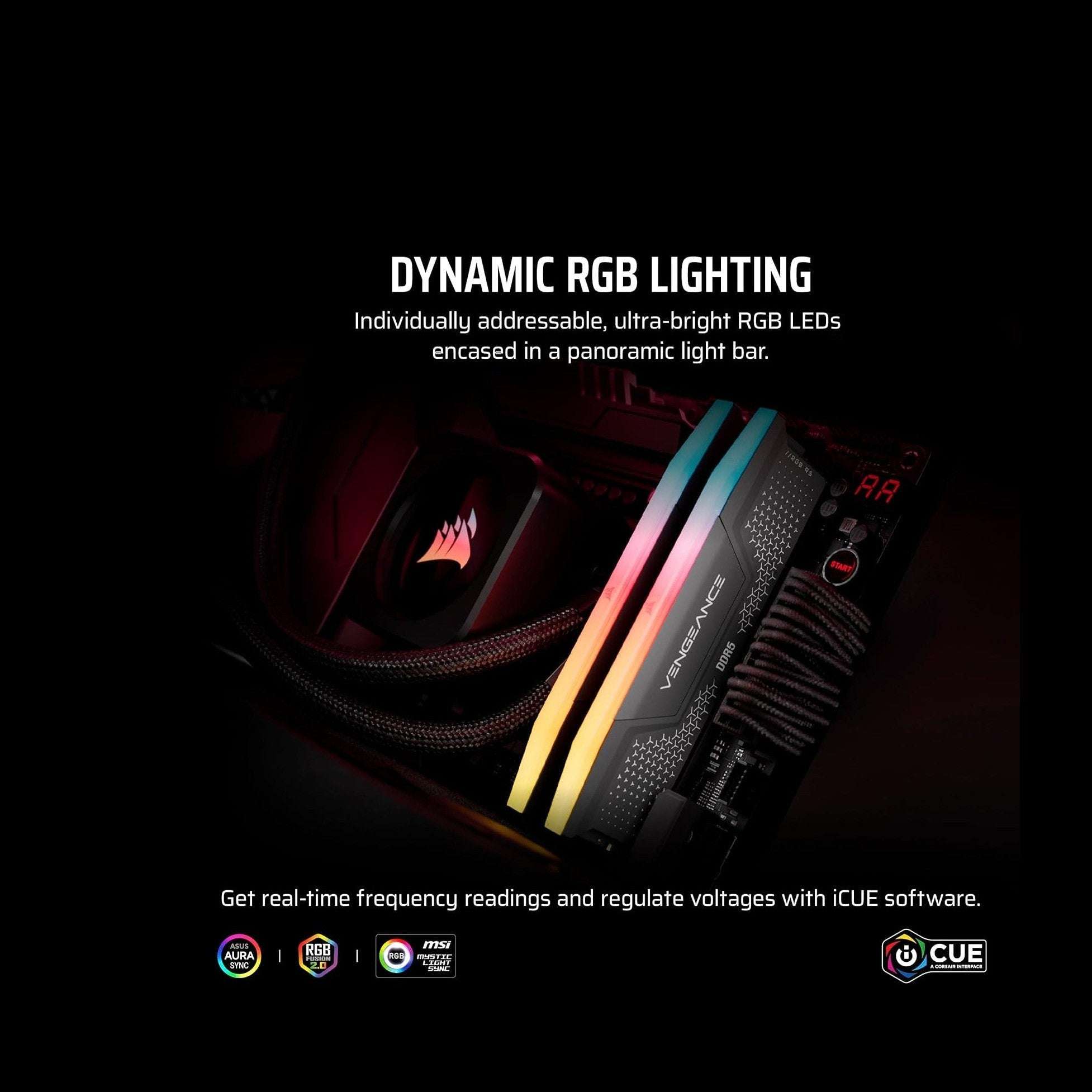 Gray DDR5 RGB RAM module with bright rainbow LED light bars and patterned casing
