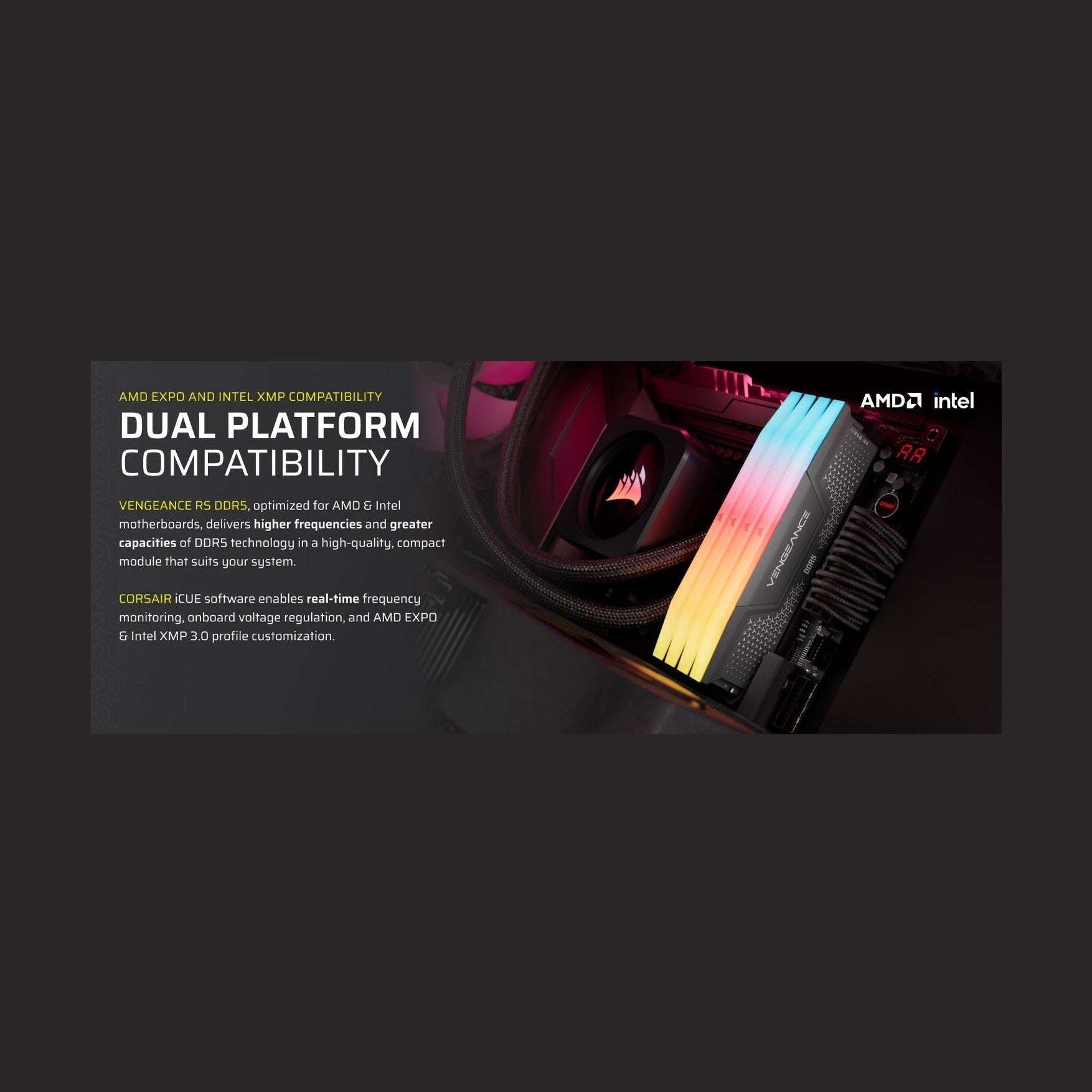 DDR5 RGB RAM with multicolor LED bars in a dual-platform compatibility graphic