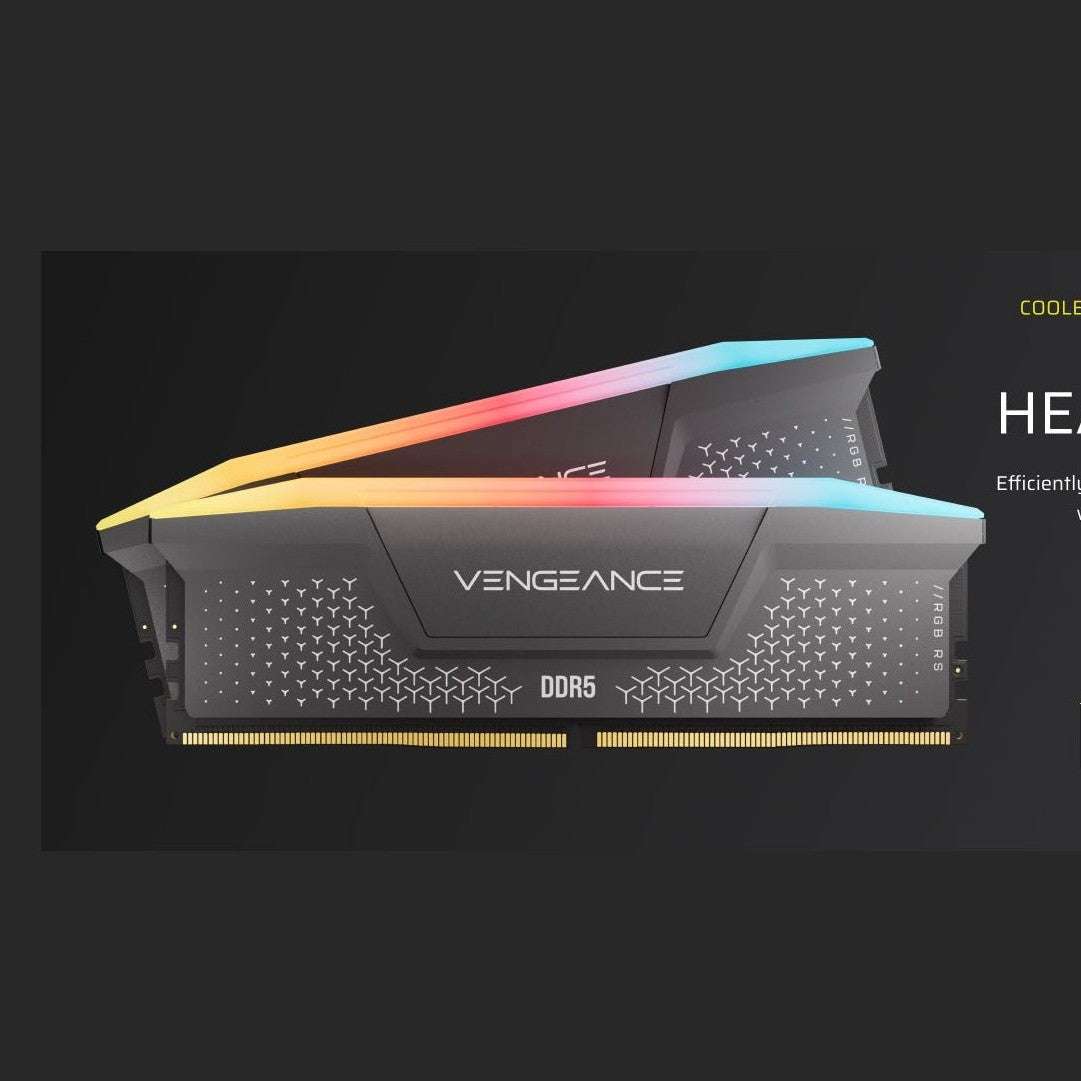 Gray DDR5 RAM modules with VENGEANCE logo and multicolor RGB light strip