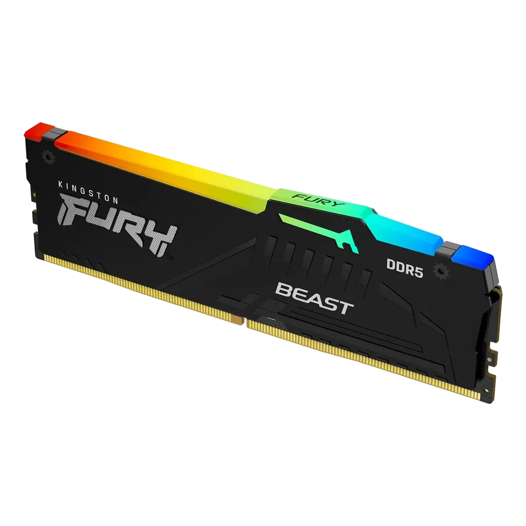 Vue en angle officielle de la mémoire Kingston FURY Beast RGB DDR5 32 Go (2 x 16 Go) 6000 MT/s CL36 noire