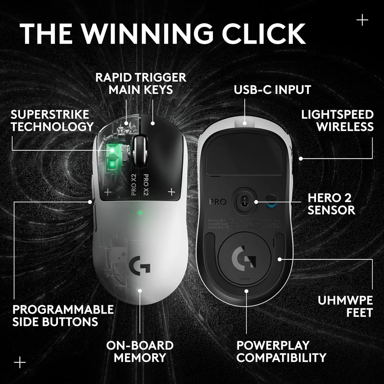 Logitech G PRO X2 SUPERSTRIKE Wireless Gaming Mouse Haptic Feedback 61g Lunar Eclipse